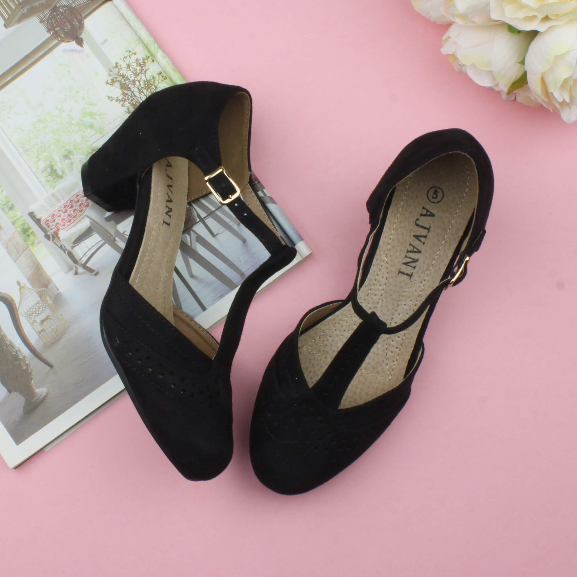 Black Mid Heel Comfort T-Bar Brogue 2 Part Heels, Image 4 of 6