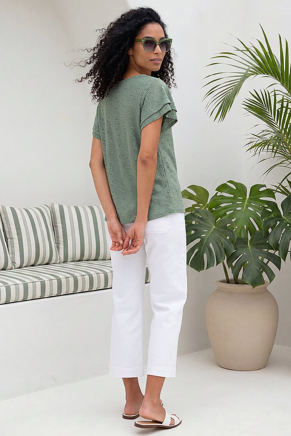 Khaki Broderie Detail V-Neck Stretch Top, Image 4 of 4