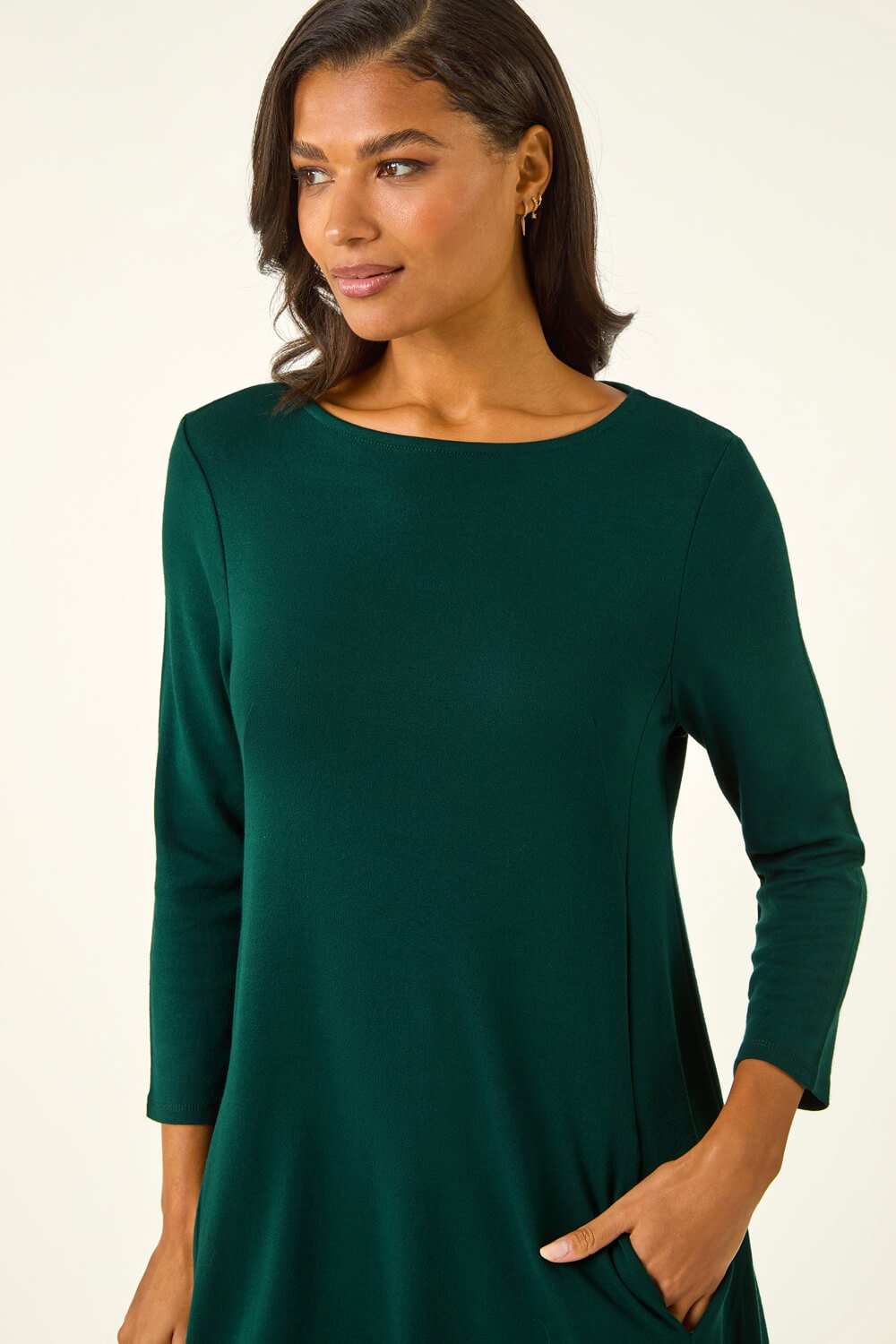 Forest Green A-Line Pocket Detail Stretch Swing Dress, Image 5 of 5