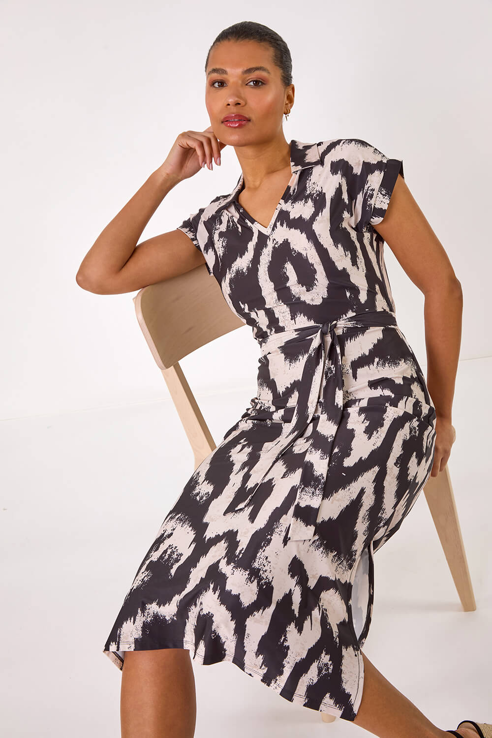 Beige Abstract Print Belted Stretch Midi Dress, Image 1 of 5