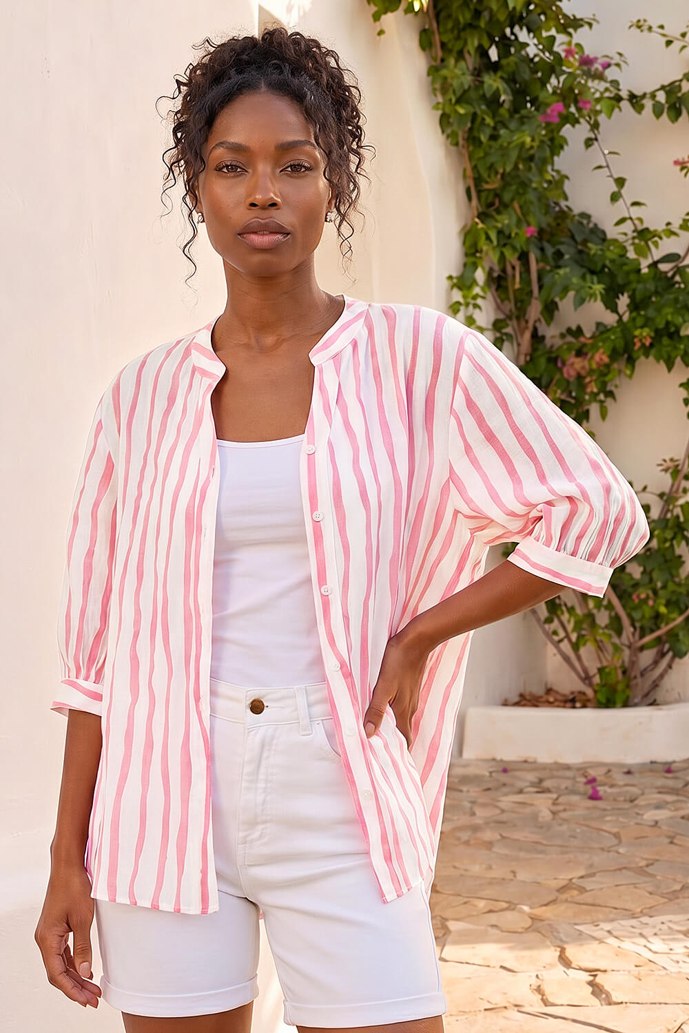 Pink Stripe Print V-Neck Blouse, Image 1 of 4