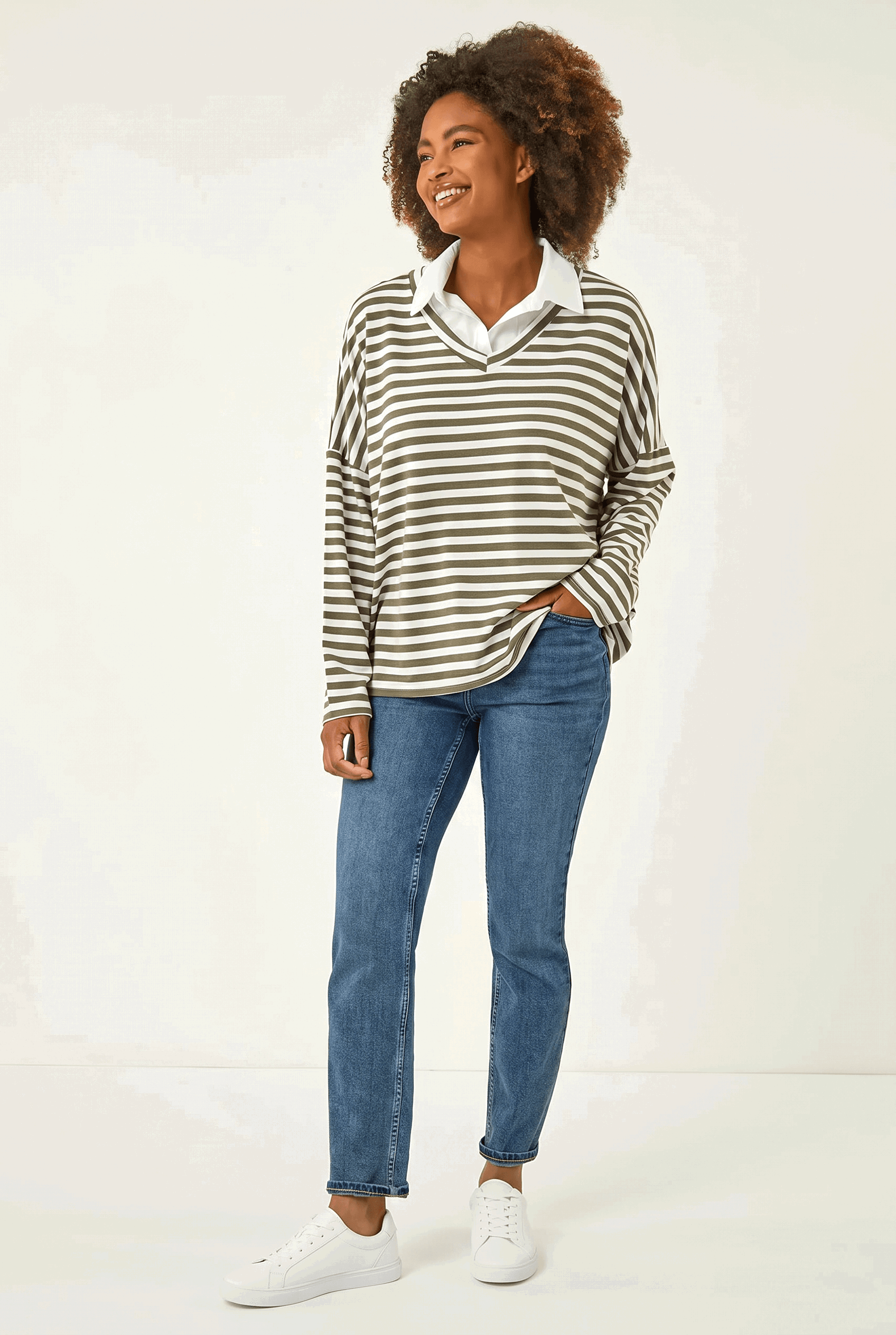 Khaki Stripe Mock Shirt Top, Image 1 of 5