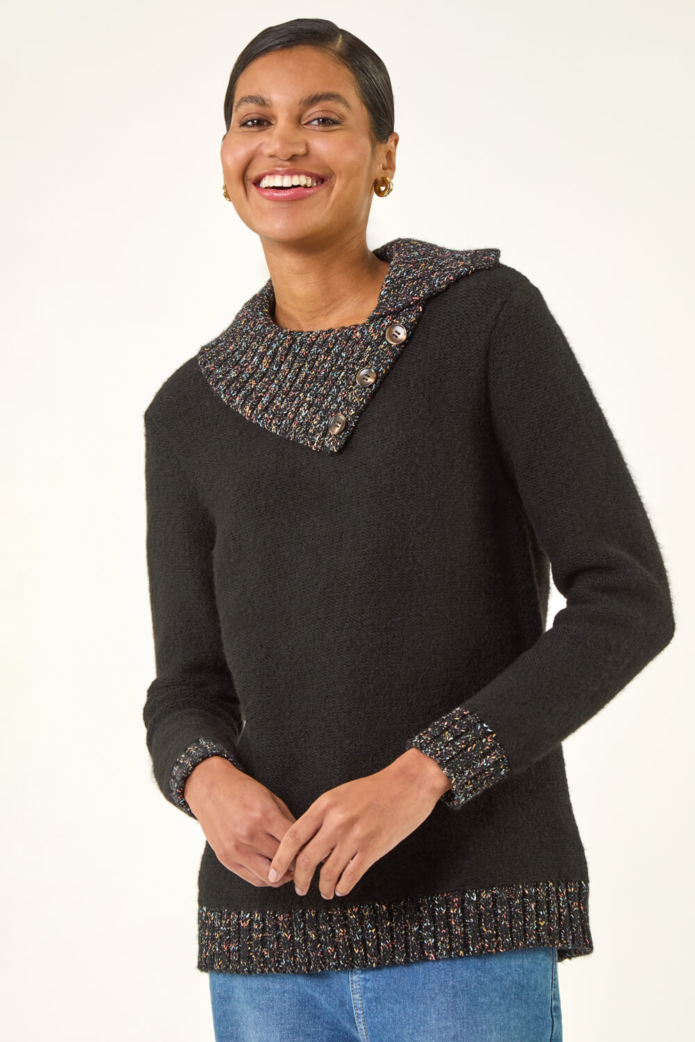 Black Collared Buttoned Knit Jumper, Image 5 of 5