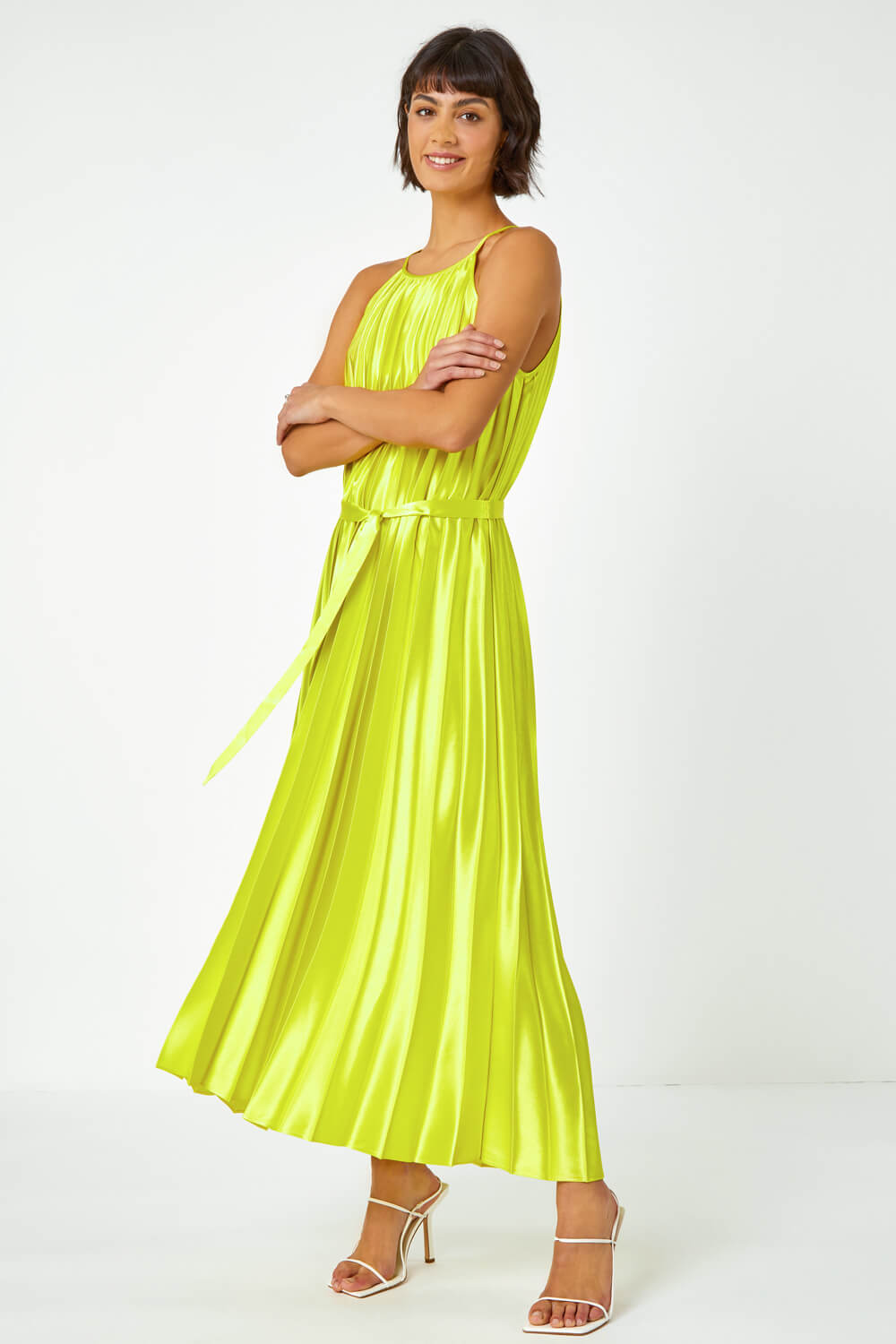 Lime Sleeveless Pleated Halter Neck Midi Dress, Image 5 of 5