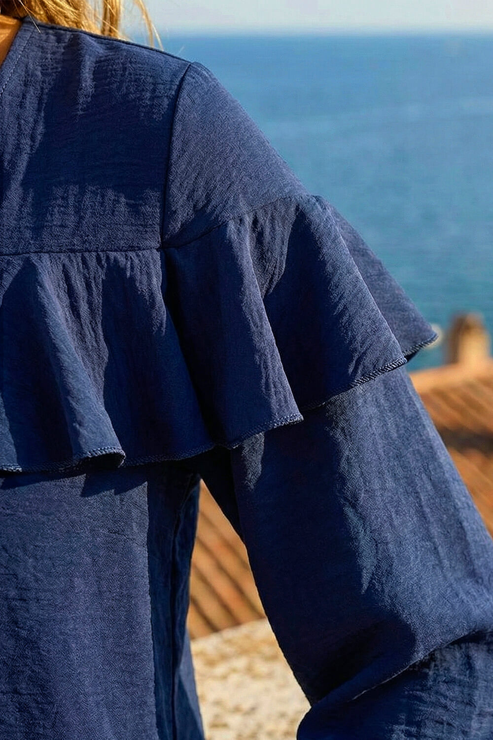 Navy  Frill Front Woven Top, Image 6 of 5