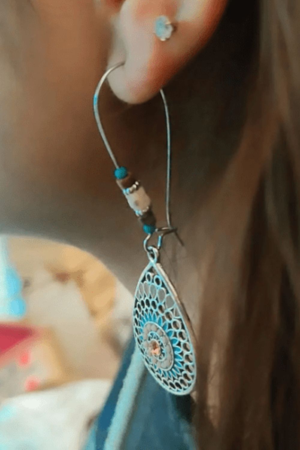 Blue Long Mandala Floral Enamel Triangle Boho Drop Danglers, Image 3 of 4