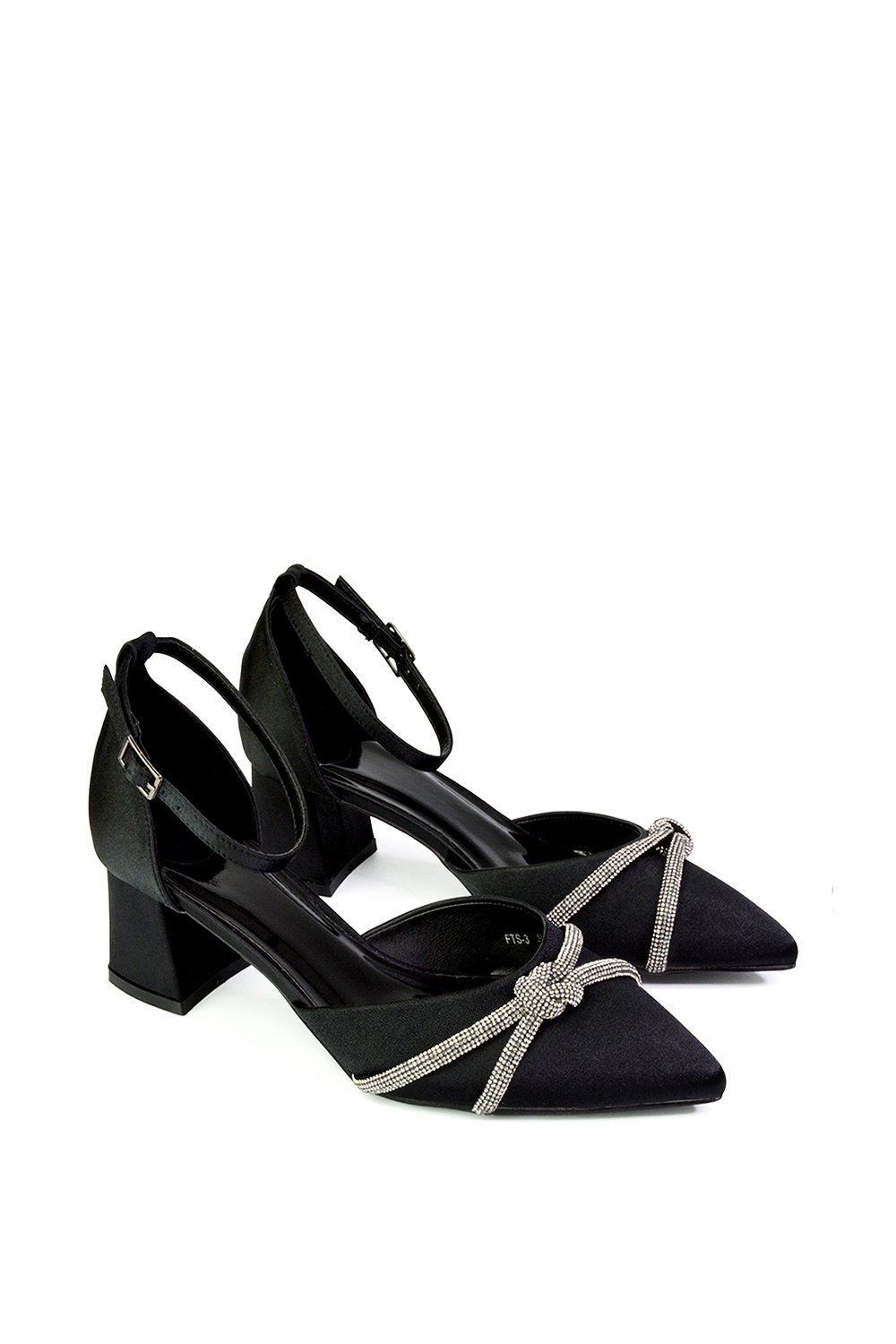 Black XY LONDON Black 'Sarah' Ankle Strap Pointed Toe Diamante Mid Block Heels, Image 3 of 5