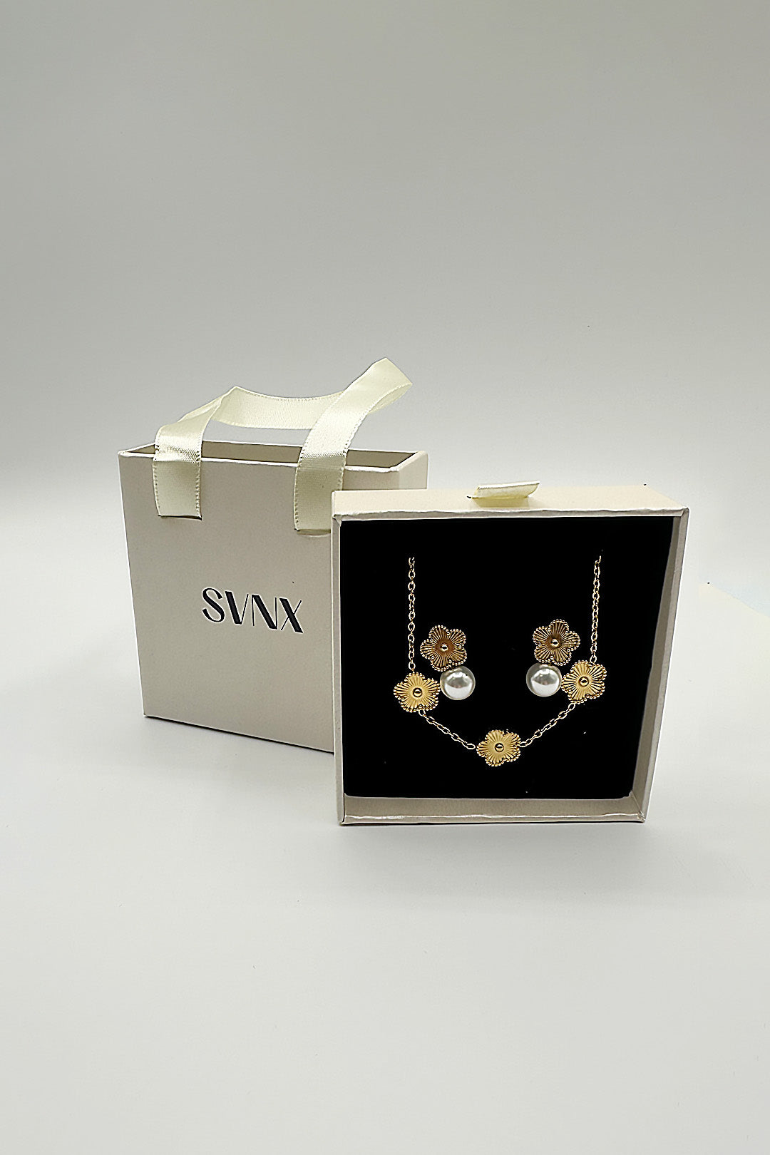 Gold Floral Pearl Stud Earrings & Bracelet in Gold, Image 3 of 3