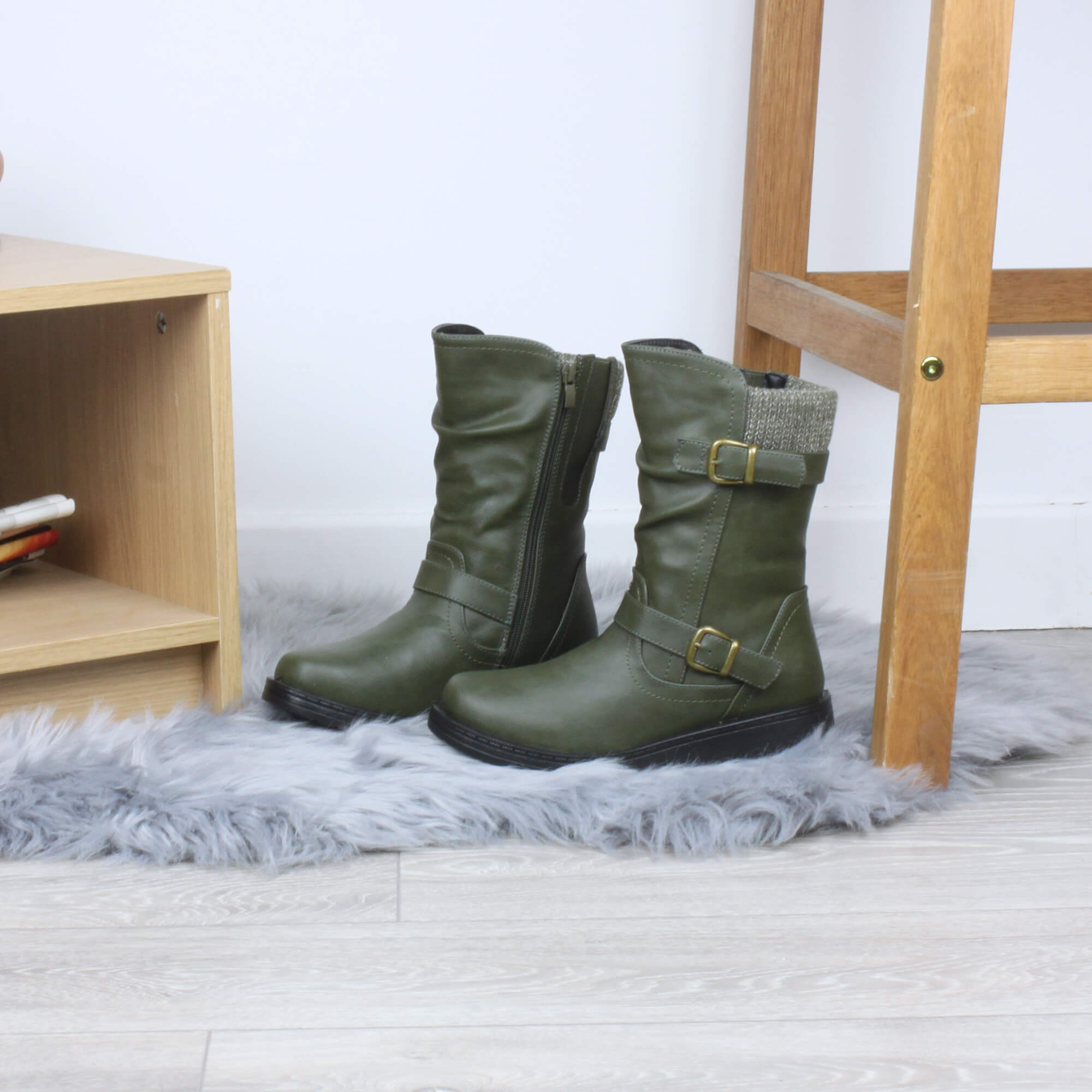 Khaki Low Wedge Heel Comfort Calf Biker Boots, Image 4 of 6