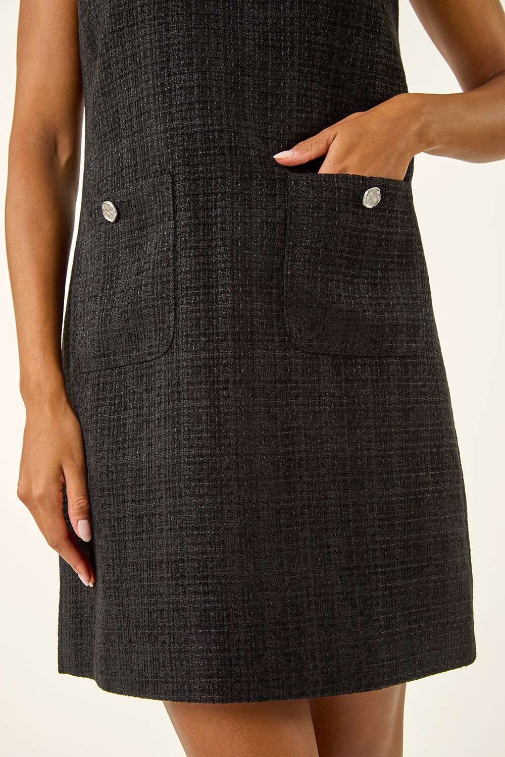 Black Textured Pinafore Pocket Dress, Image 6 of 5