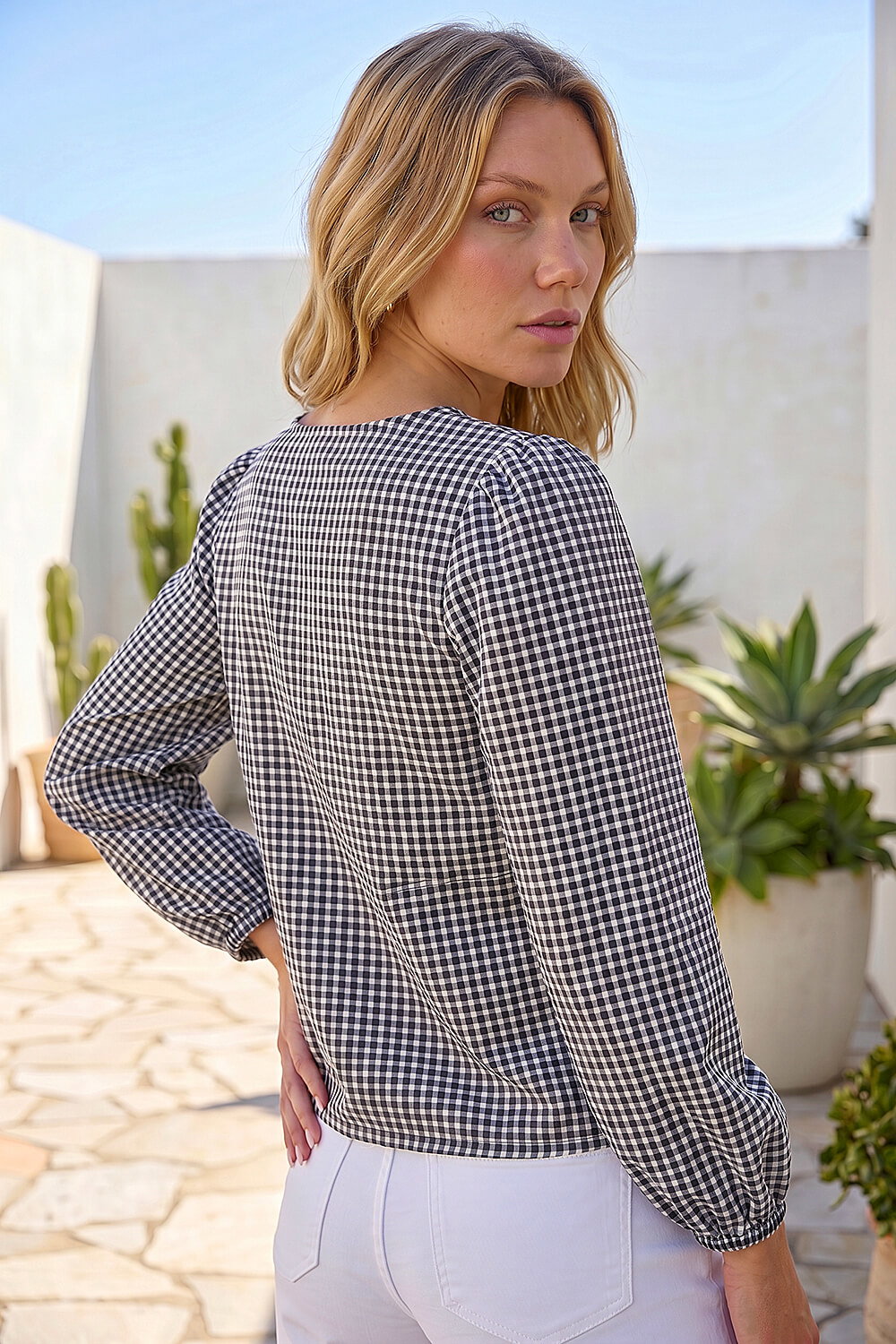 Black Gingham Print Tie Front Woven Top, Image 4 of 4