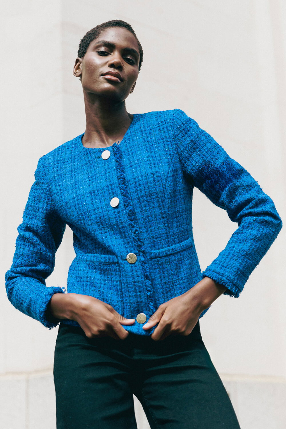 Blue Checked Boucle Button Detail Jacket, Image 5 of 6