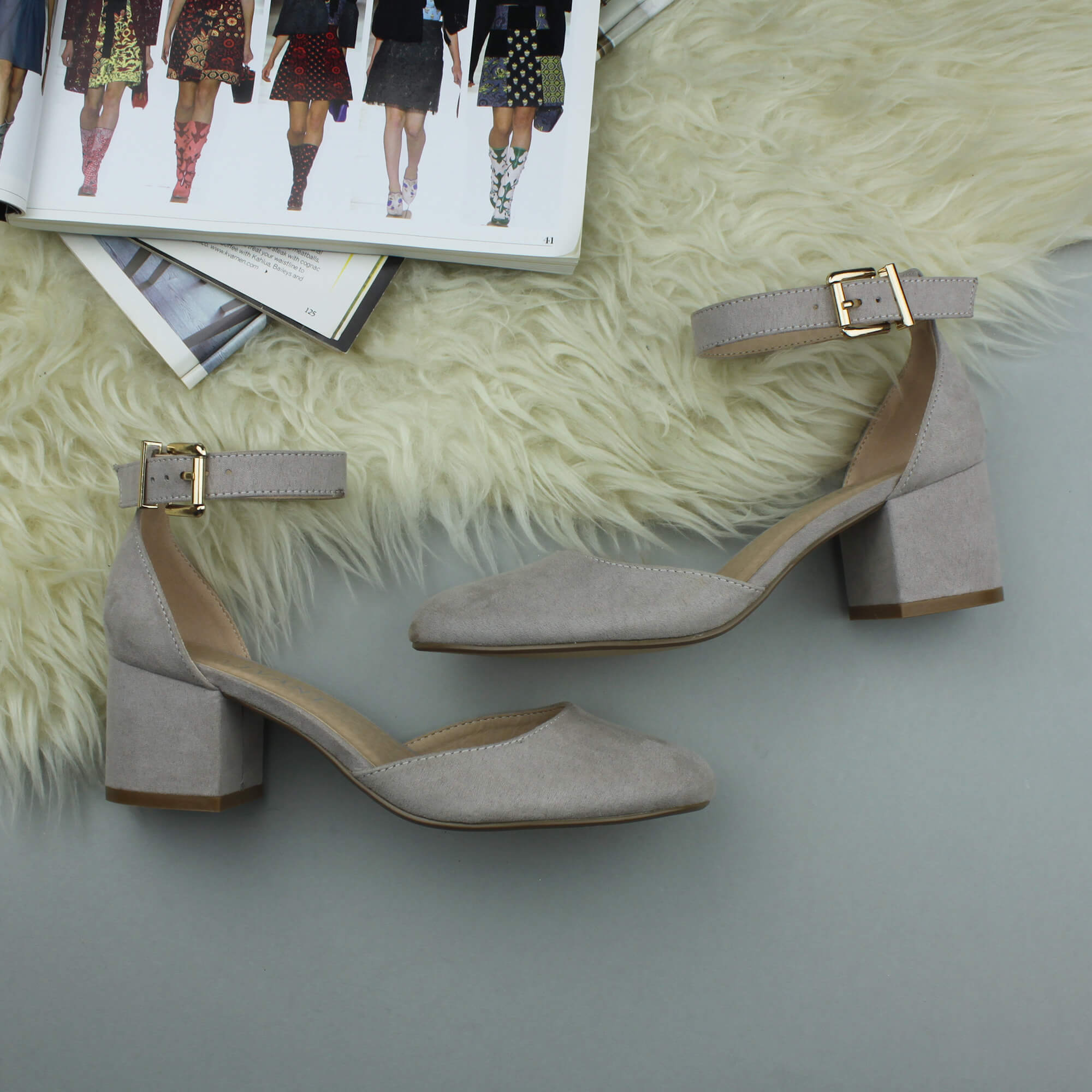 Grey AJVANI Grey Mid Block Heel Ankle Strap 2 Part Heels, Image 4 of 6