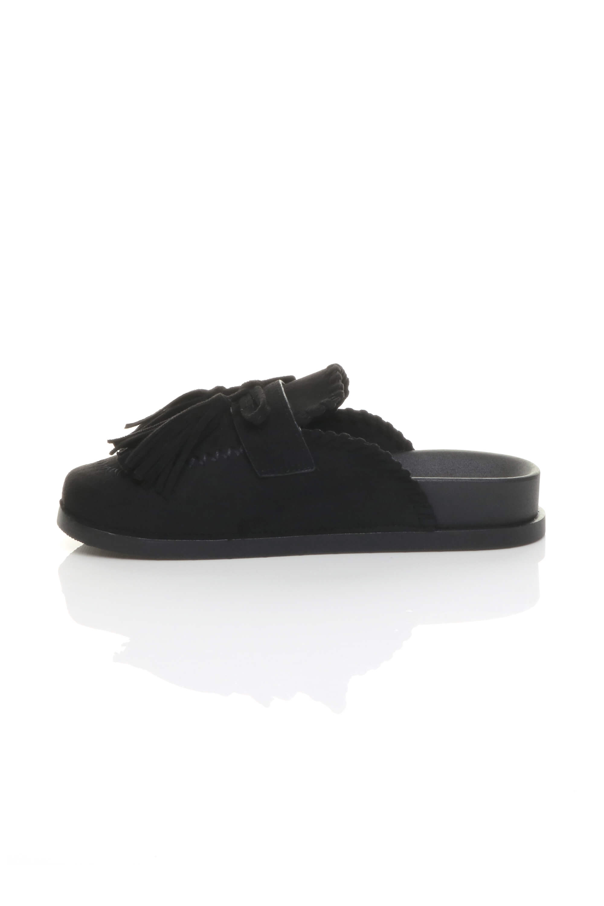 Black Flat Tassel Moccasin Mules Sandals Sliders, Image 3 of 4