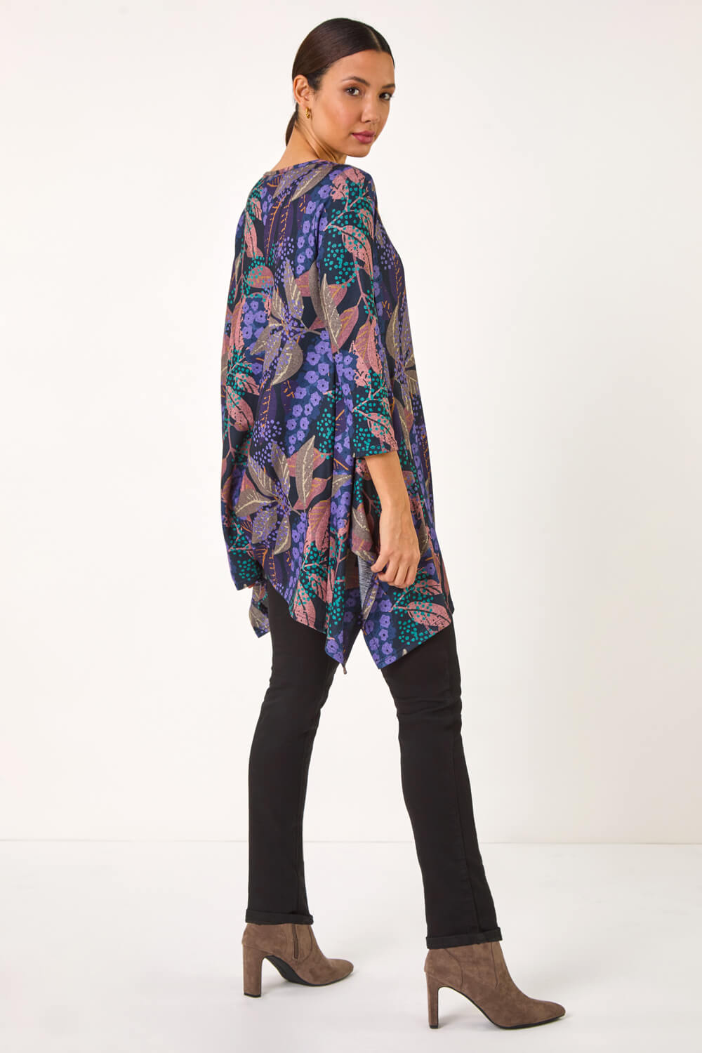 Purple Floral Leaf Print Stretch Tunic, Image 4 of 5