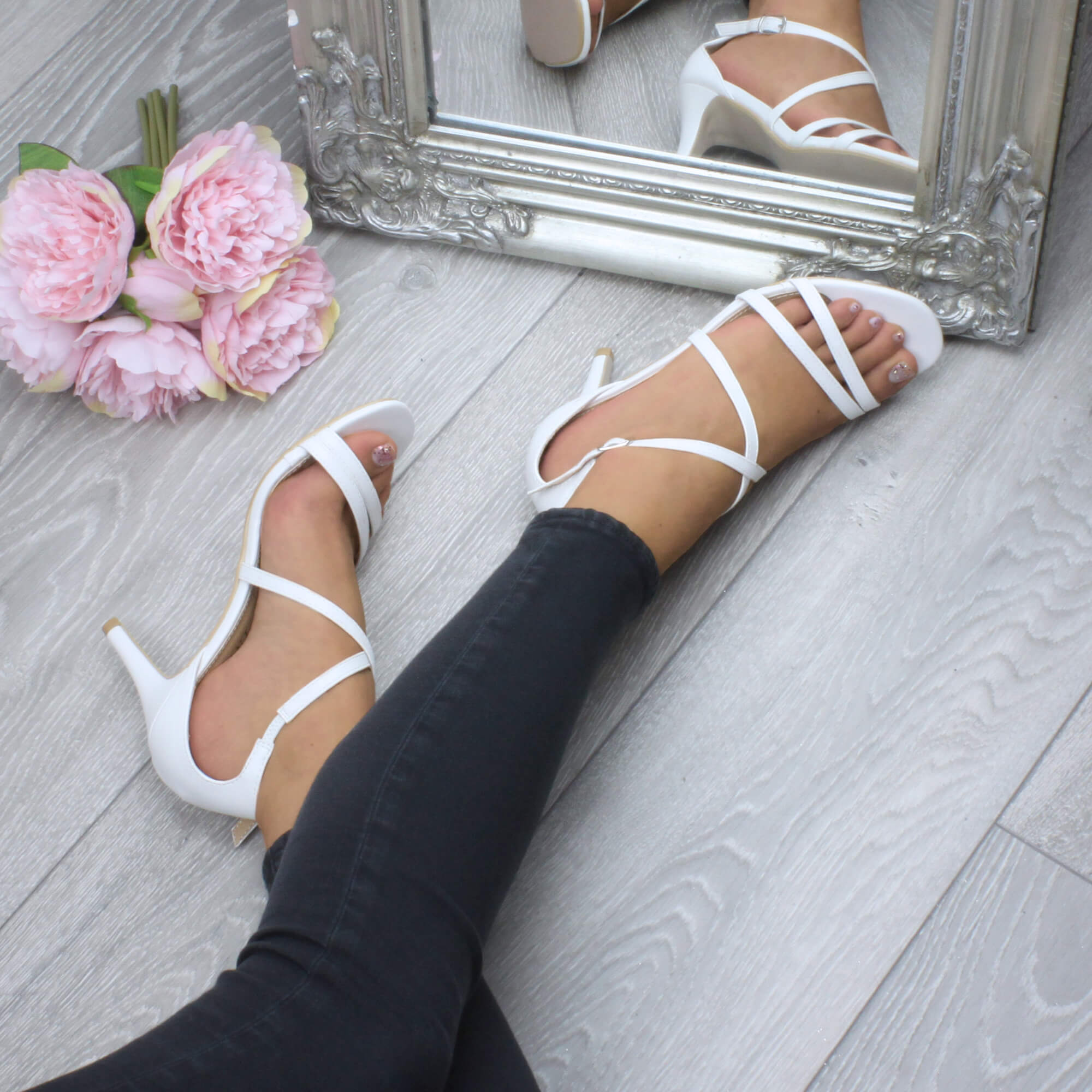 White AJVANI White High Heel Crossed Straps Buckle Sandals, Image 5 of 6
