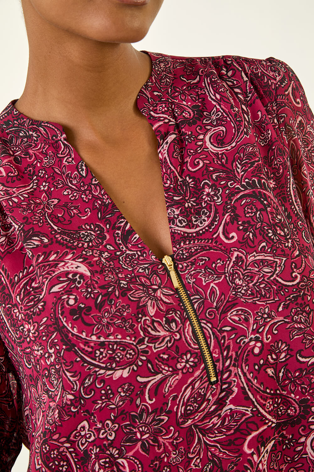 Red Paisley Print Zip Front Top, Image 6 of 5