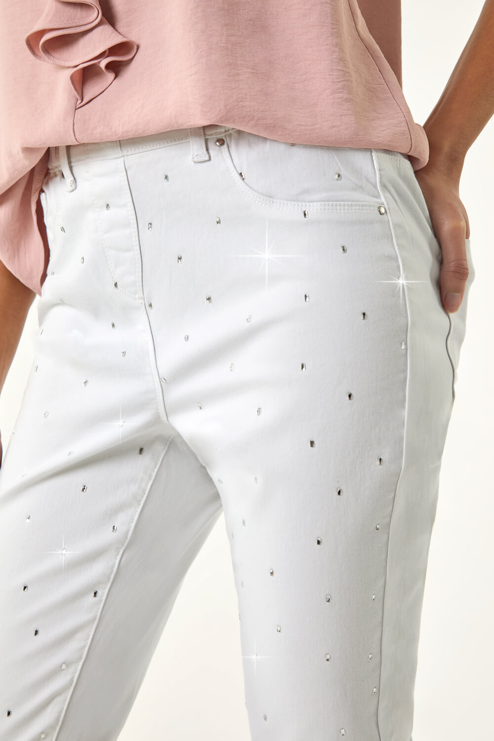 White Embellished Cropped Stretch Jeggings, Image 6 of 5