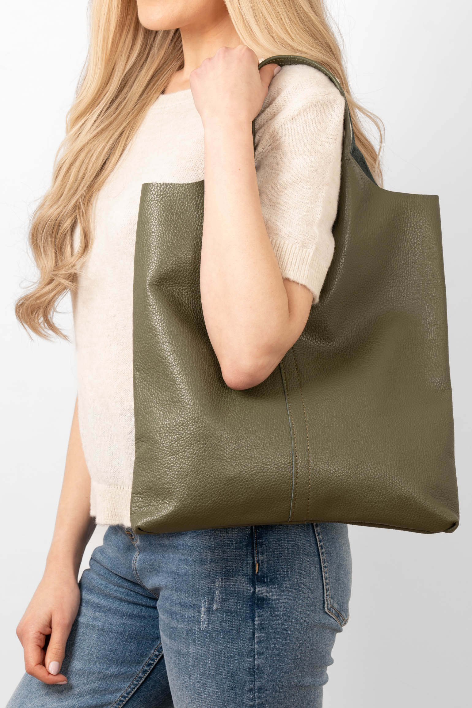 Khaki Italian Leather Shoulder Bag, Image 2 of 4