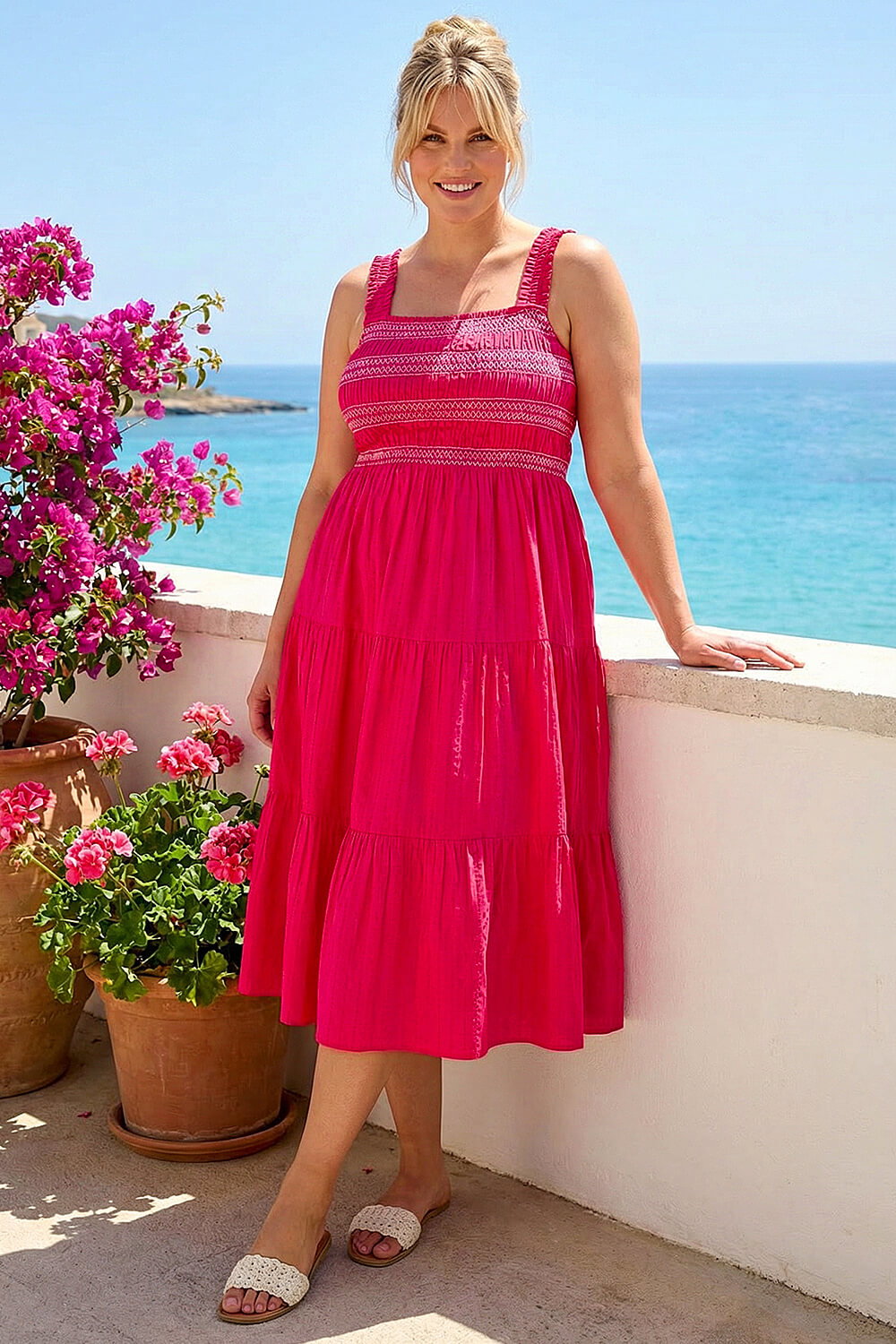 Roman Curve Women's Pink Strappy Shirred Midi Dress Size 30-32