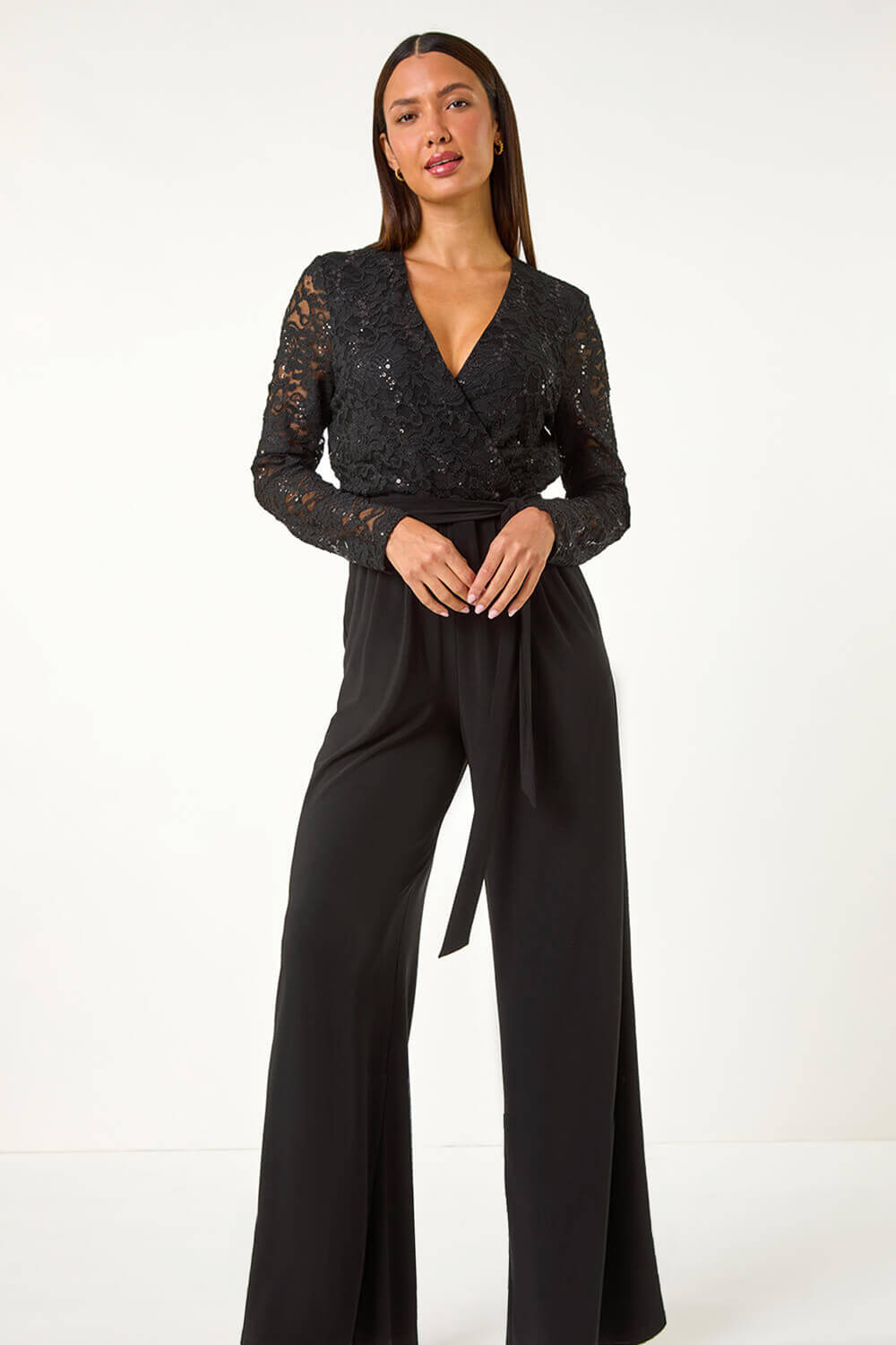 Black Sequin Lace V-Neck Stretch Jumpsuit, Image 3 of 5
