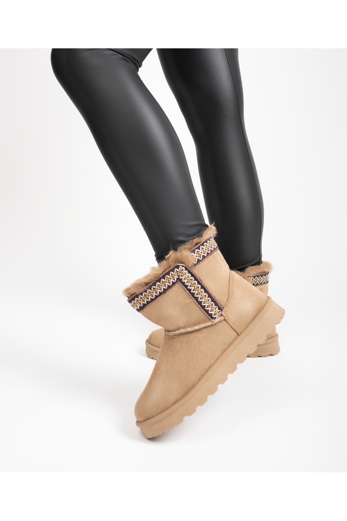 Green Malira Faux Suede Fluffy Lined Ankle Boots With Stitch Trim
