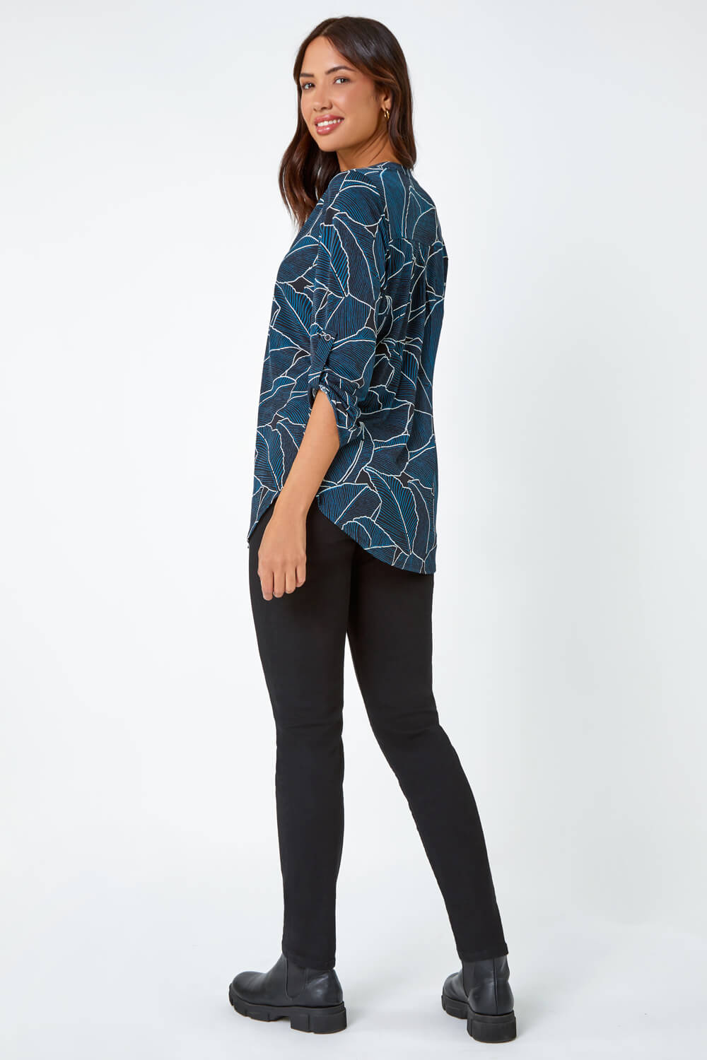 Teal Textured Leaf Print Stretch Shirt, Image 4 of 5
