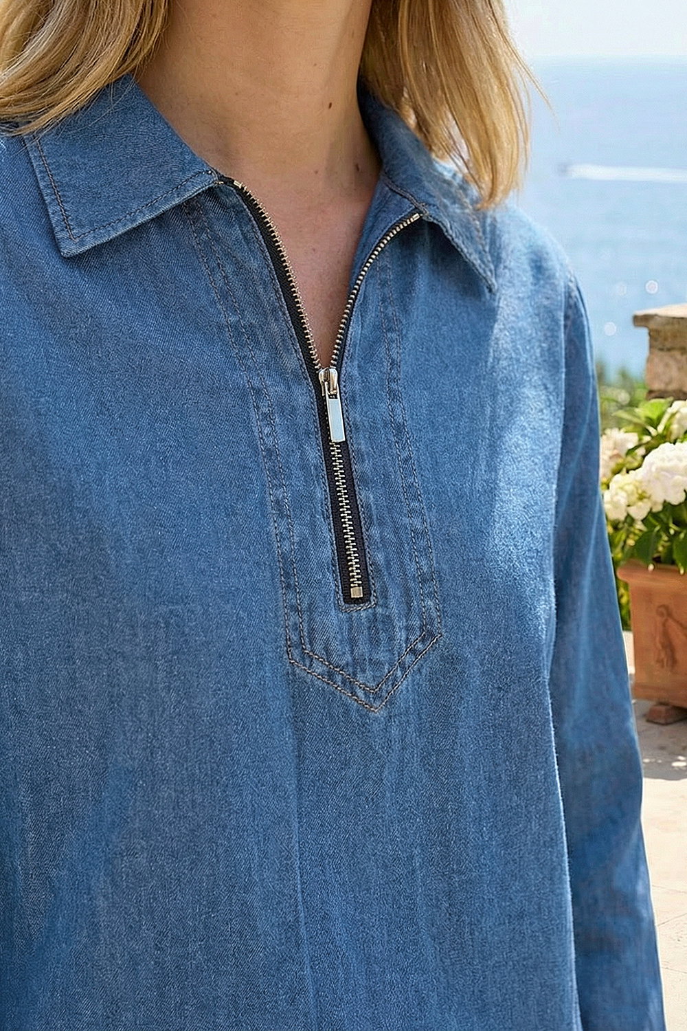 Indigo Collared Zip Front Denim Top, Image 5 of 4
