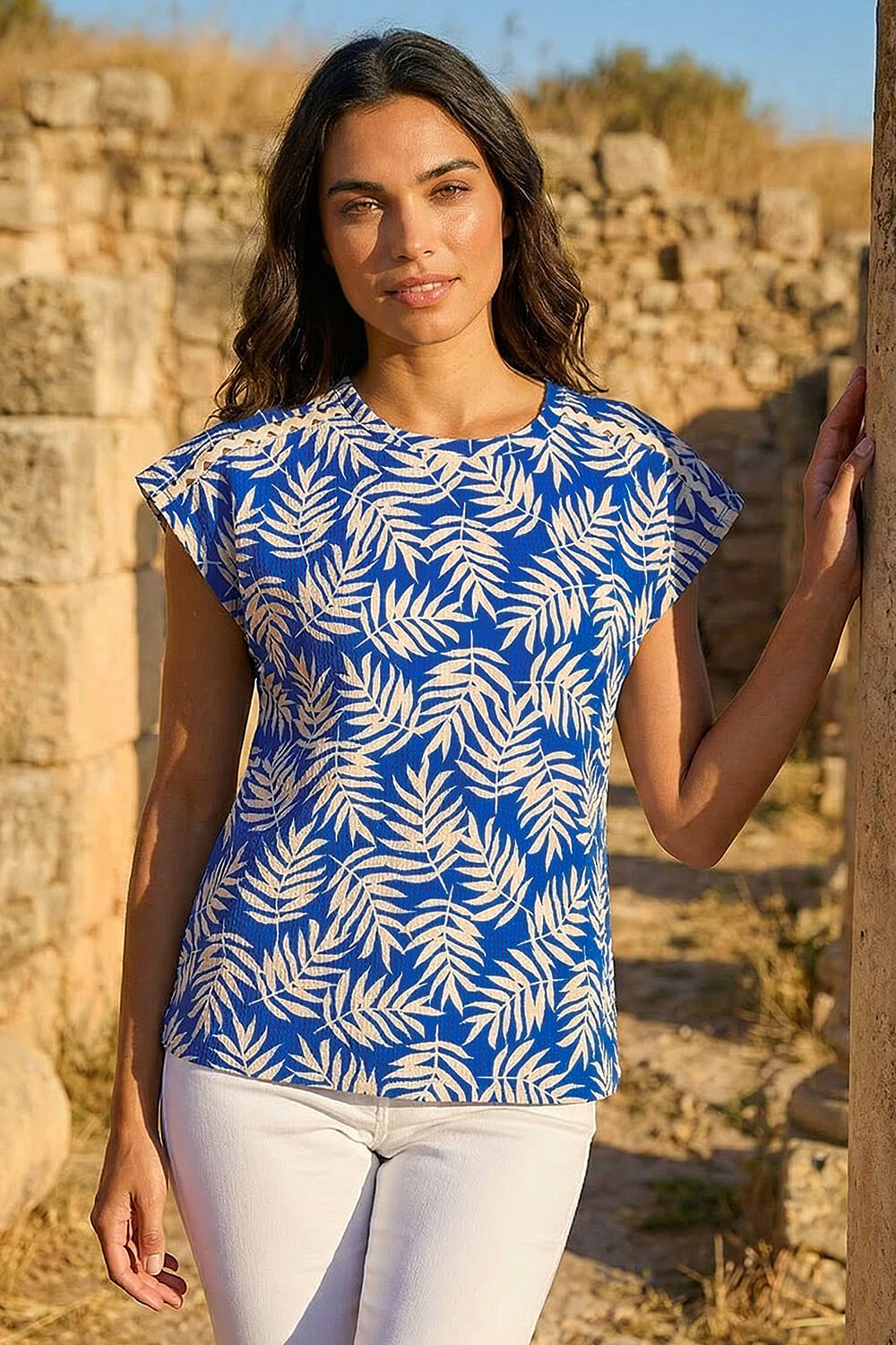 Blue Textured Floral Print Stretch Top, Image 1 of 4