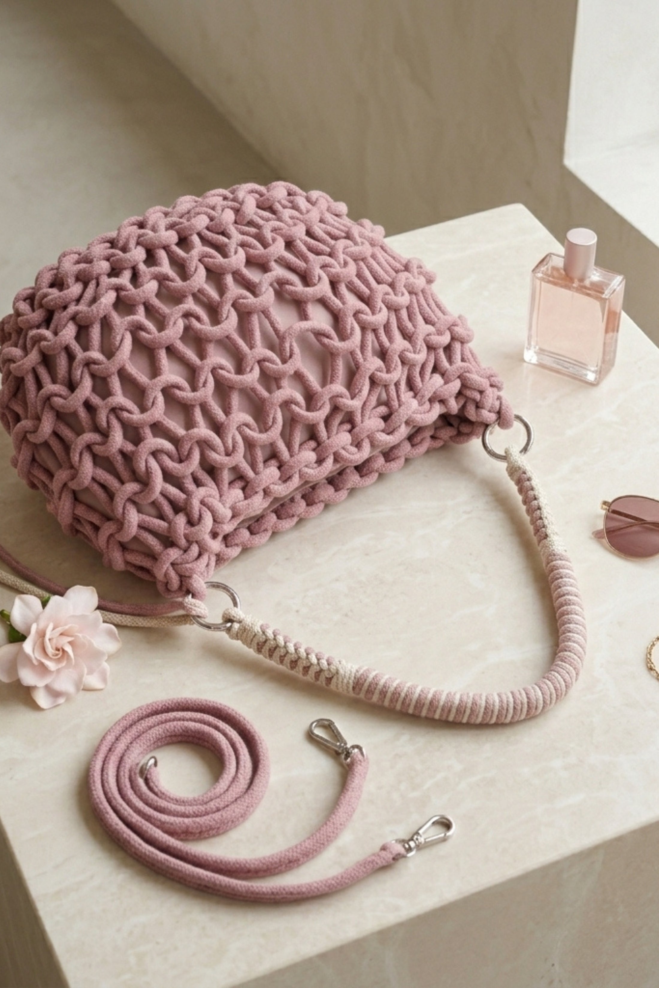 Pink Femme Luxe Pink Macramé Woven Shoulder Bag - Euna, Image 3 of 3