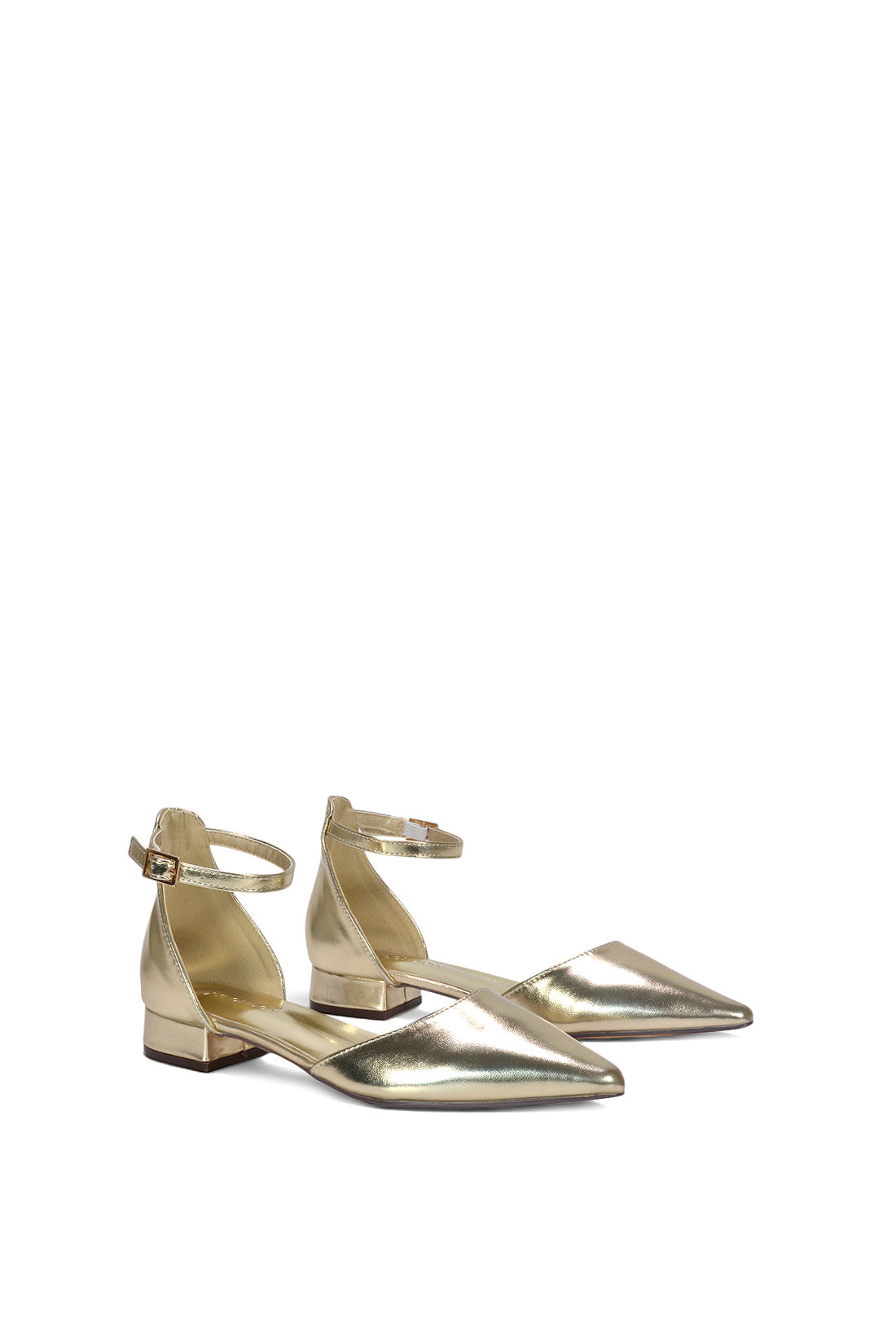 Gold XY LONDON Gold 'Jenny' Low Heel Flat Pointed Toe Ankle Strap Court Shoes, Image 3 of 6