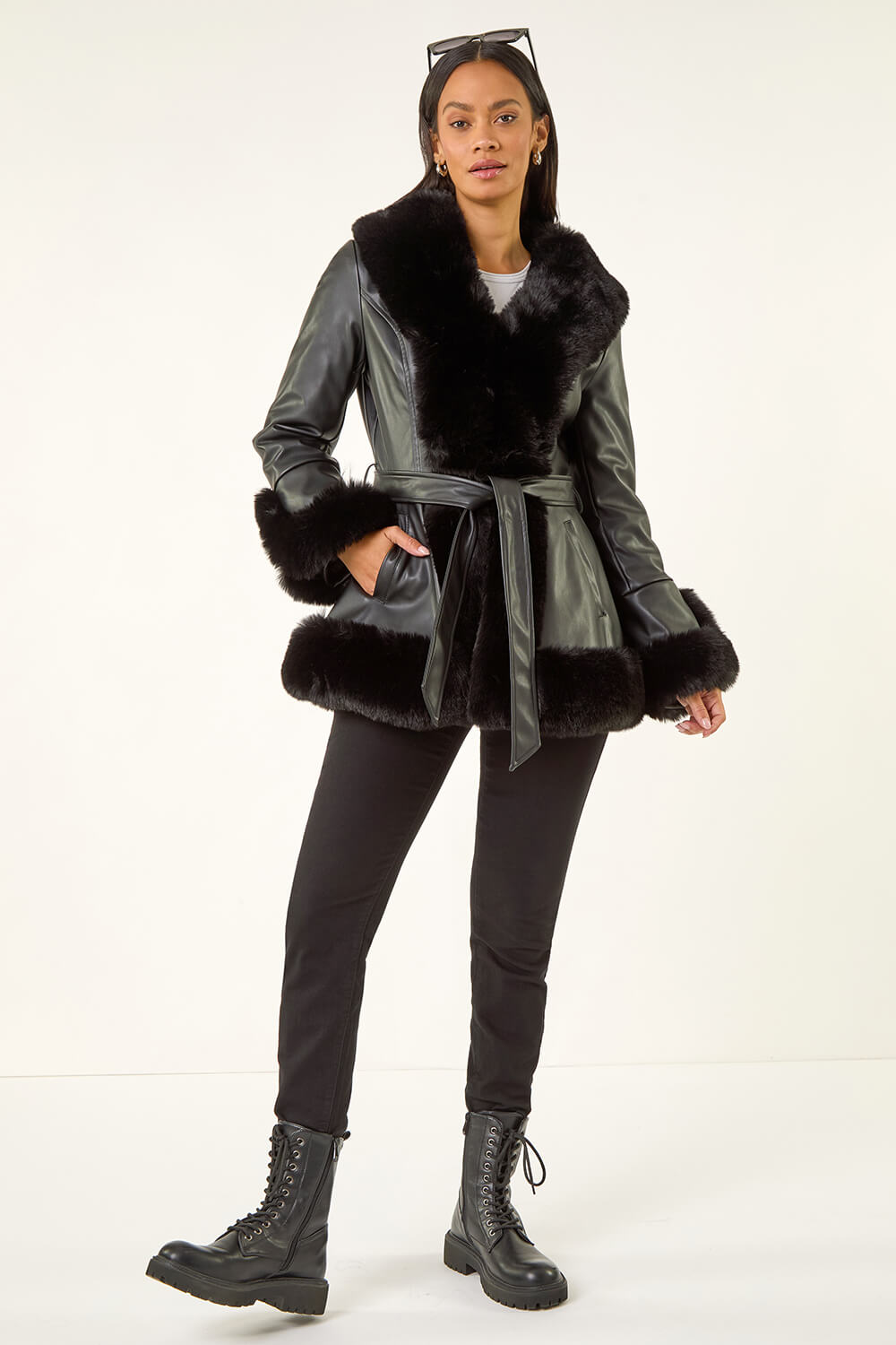 Black Dusk Contrast Faux Fur Coat , Image 3 of 5