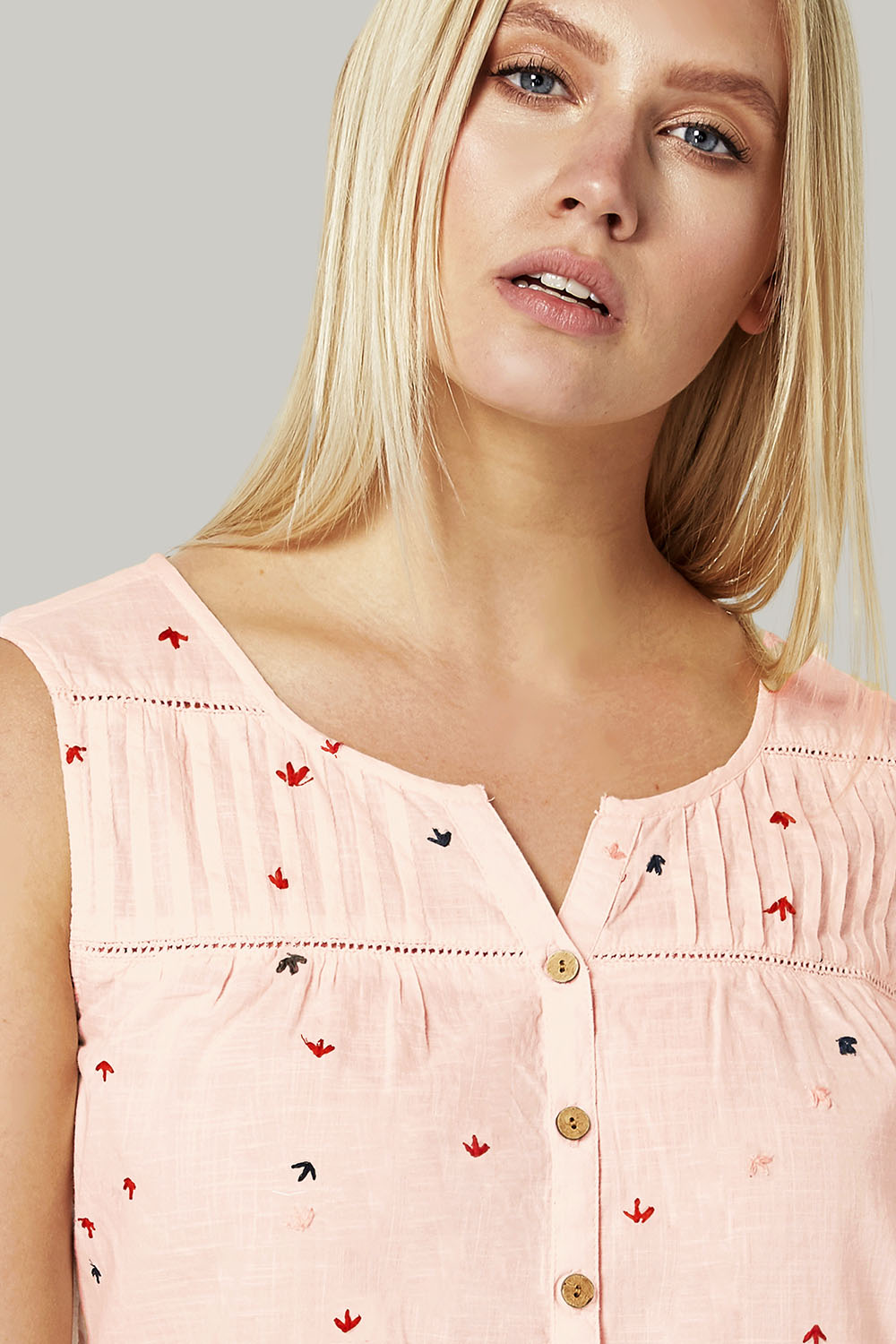 Light Pink Embroidered Sleeveless Button Blouse, Image 5 of 4