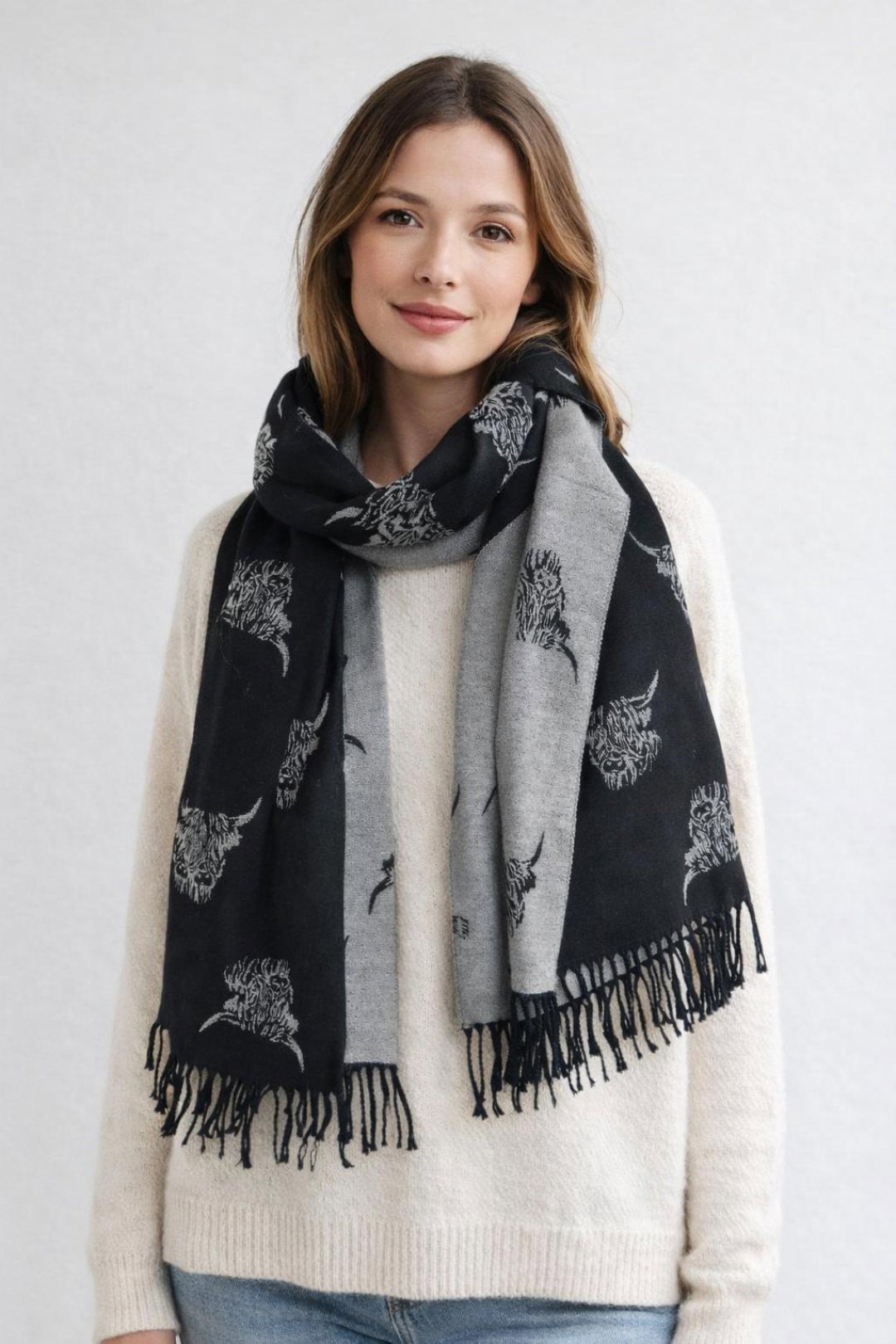 Black Highland Cow Reversible Scarf