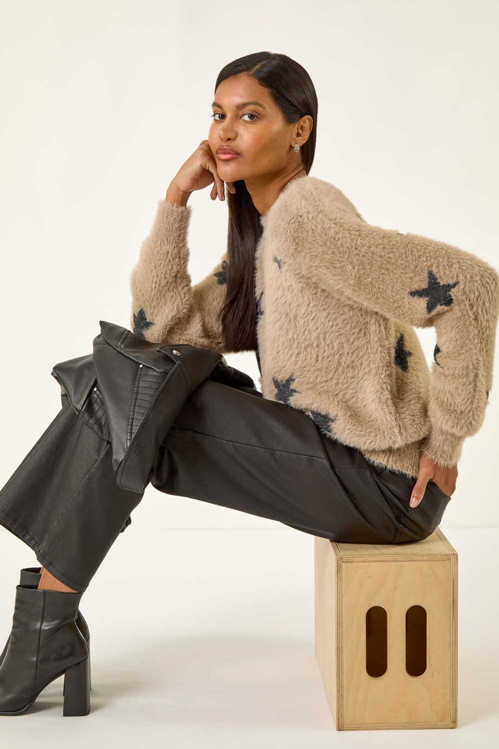 Beige Fluffy Star Knit Jumper, Image 1 of 5