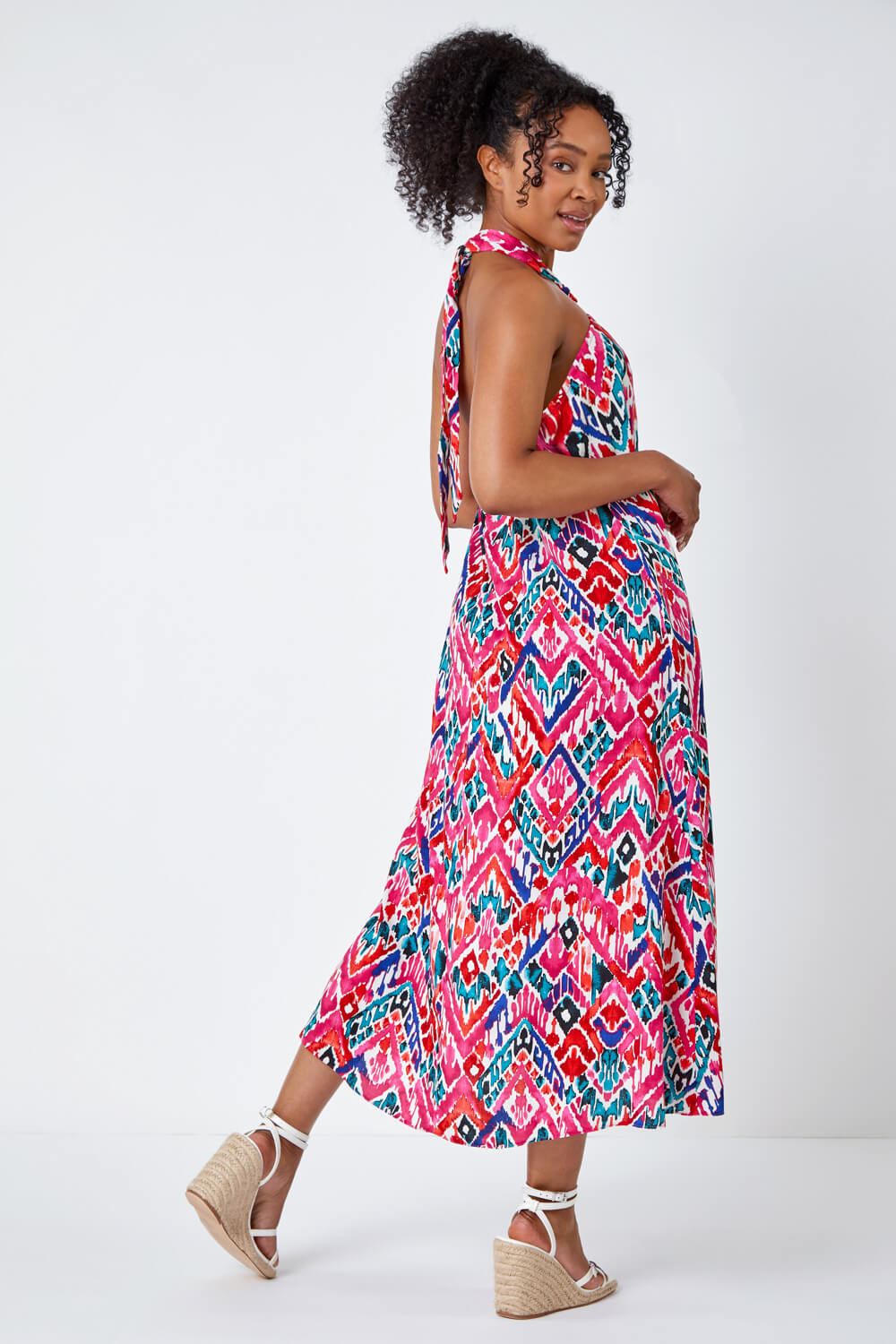 Pink Petite Midi Halterneck Print Dress, Image 4 of 5