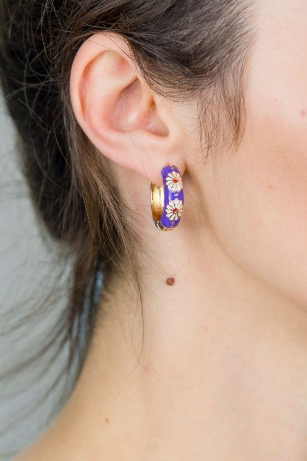 Red Large Enamel Huggie Hoop Earrings - Multicolour Floral Rainbow, Image 2 of 2