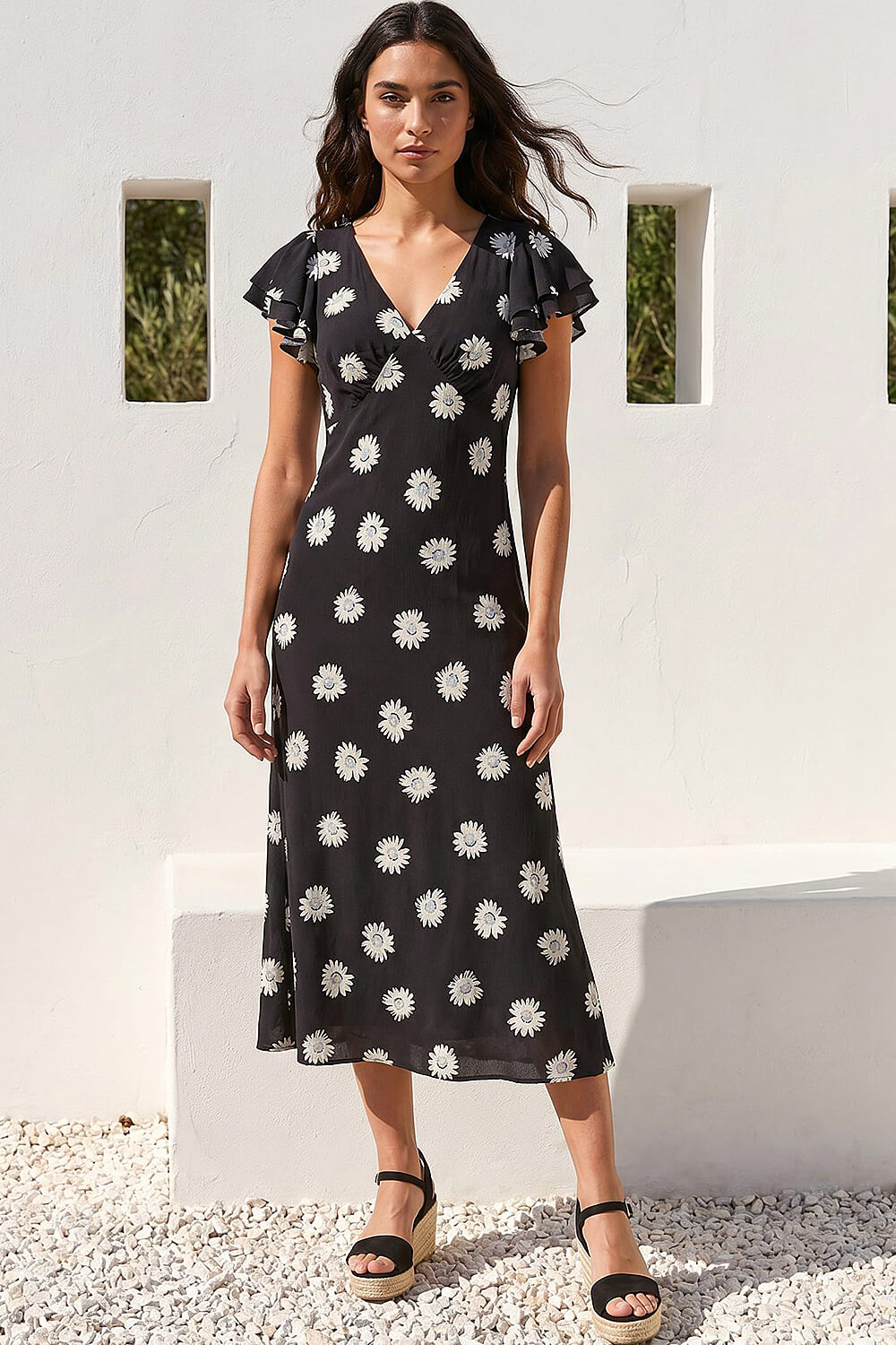 Black Floral Print Frill Midi Dress, Image 4 of 4