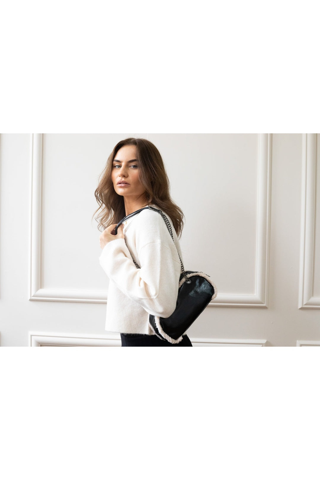 Black Patent Shoulder Bag with Borg Fur Trim, Image 3 of 6