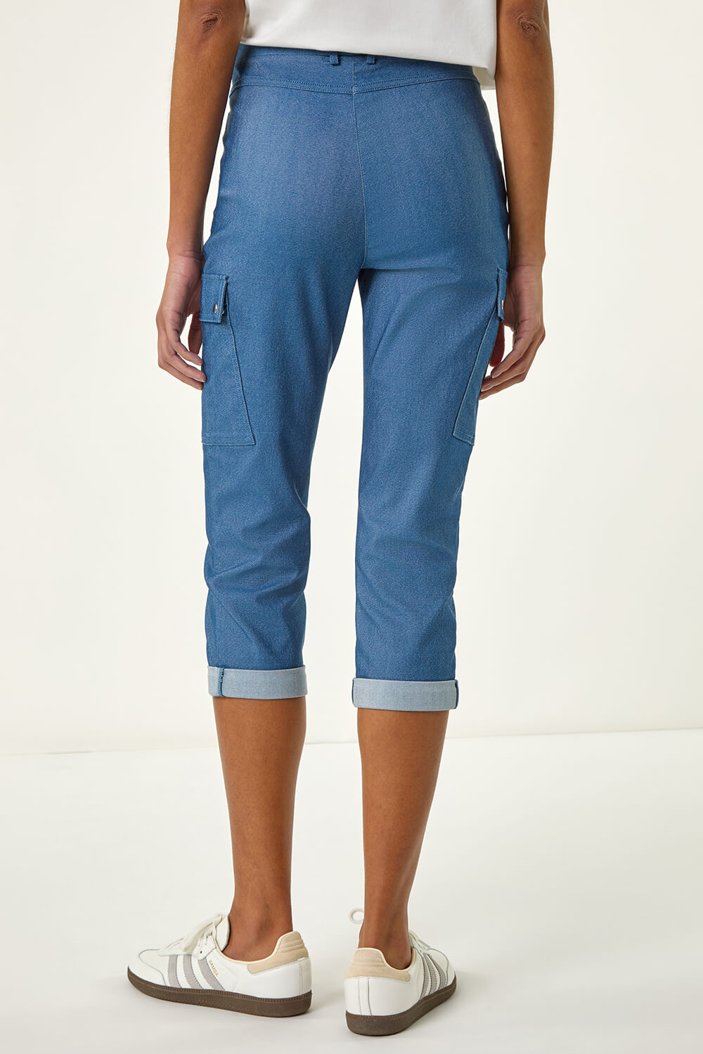 Denim Turn Up Stretch Cropped Cargo Trousers, Image 4 of 5