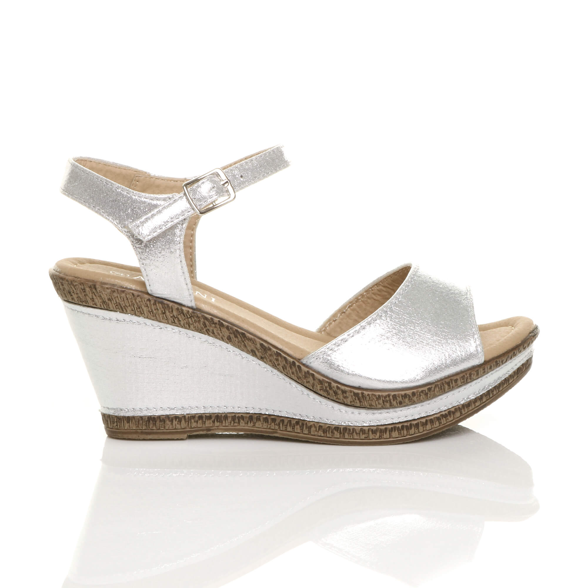 Silver AJVANI Silver High Wedge Heel Ankle Strap Cork Sandals, Image 2 of 6