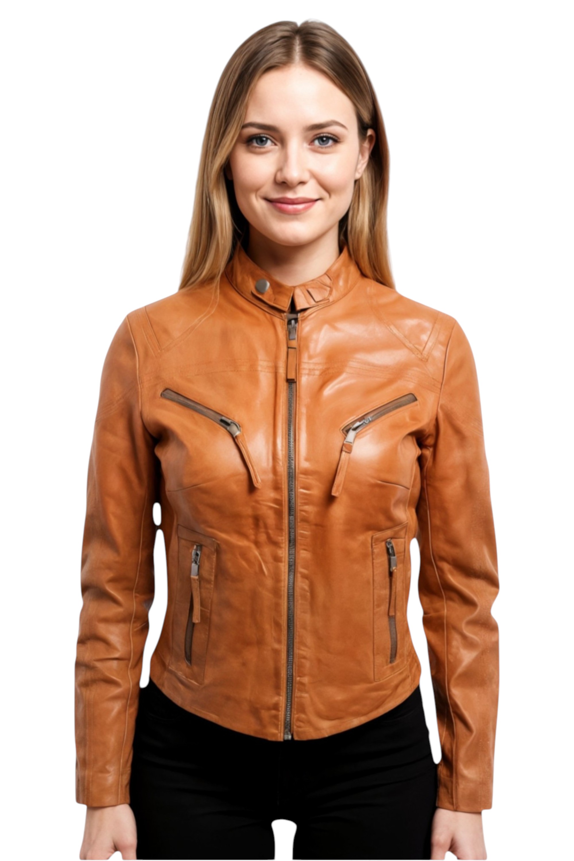 Brown Slim-Fit Leather Biker Jacket-Tulsa, Image 1 of 5