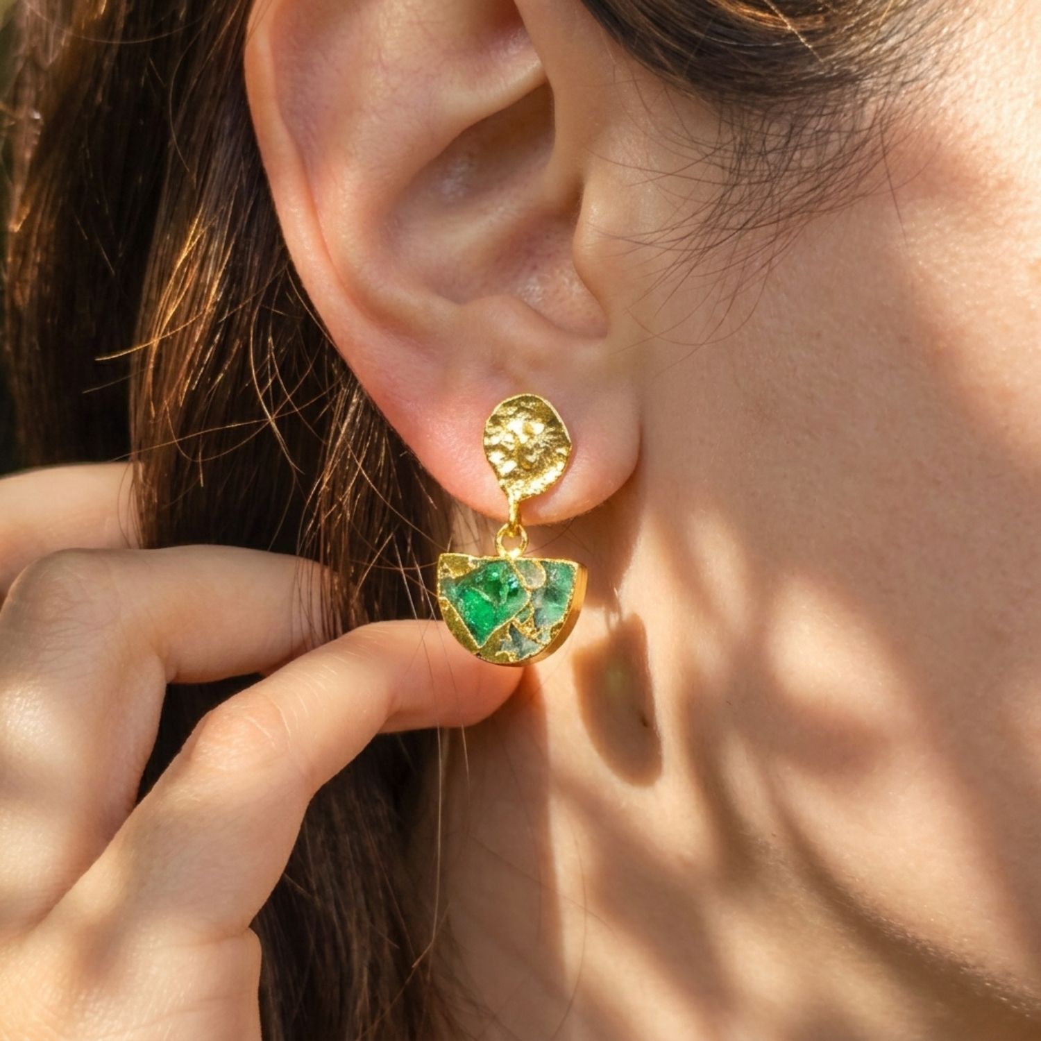Gold Statement Emerald May Birthstone Hammered Earrings, Image 3 of 4