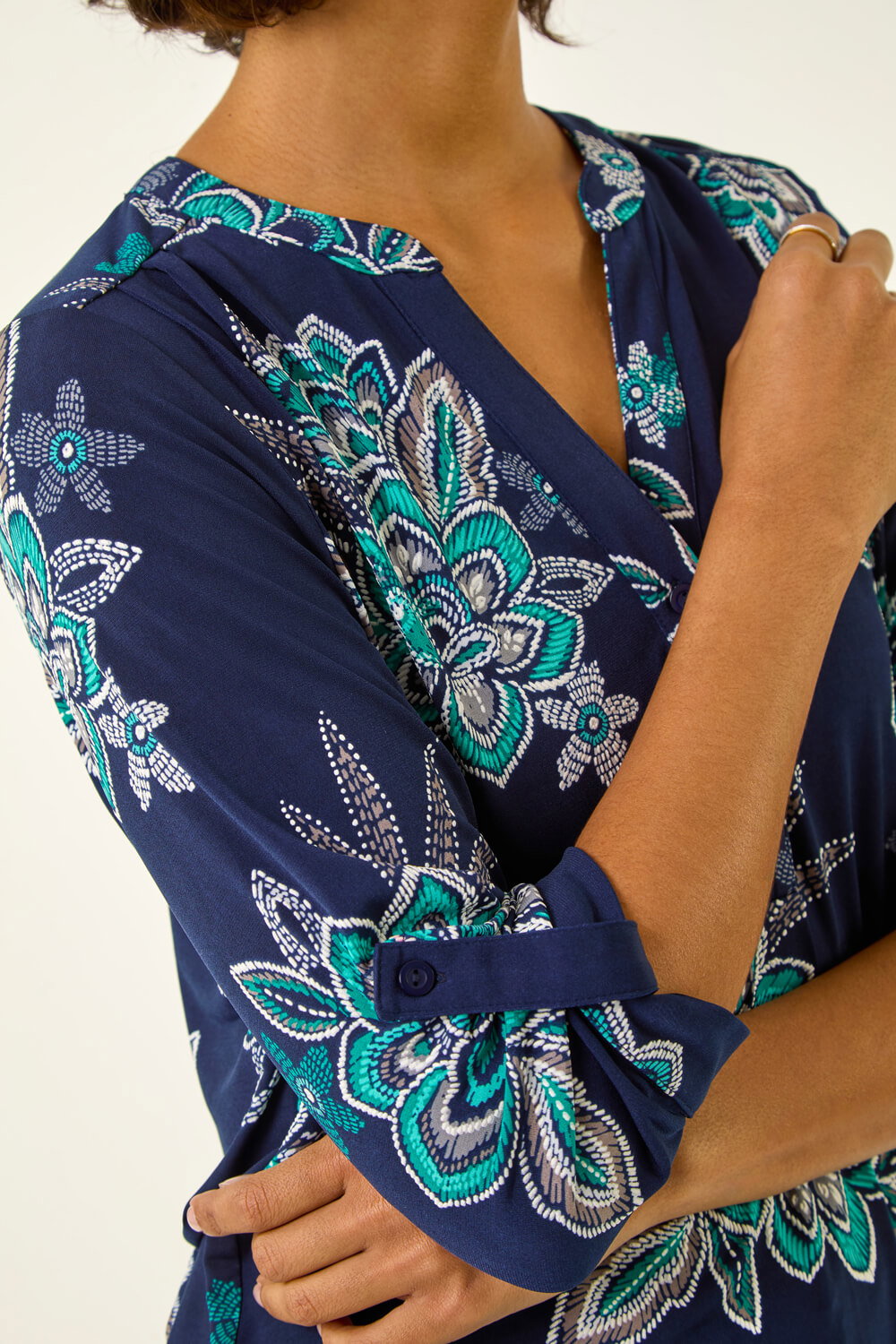 Turquoise Floral Puff Print Stretch Shirt, Image 6 of 5
