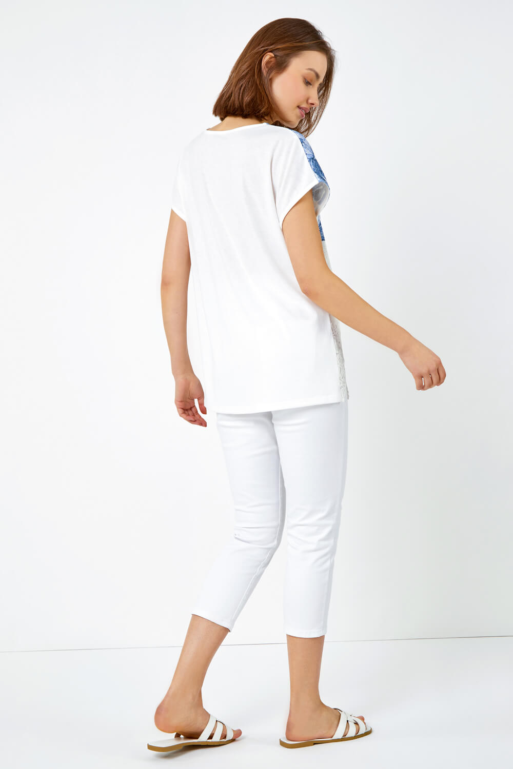 Blue Floral Print Lace Trim Stretch T-Shirt , Image 4 of 5