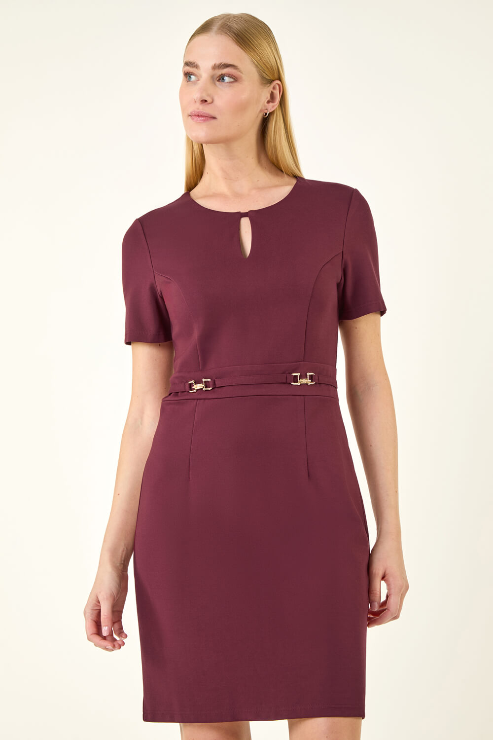 Wine Front Keyhole Belted Dress, Image 3 of 6