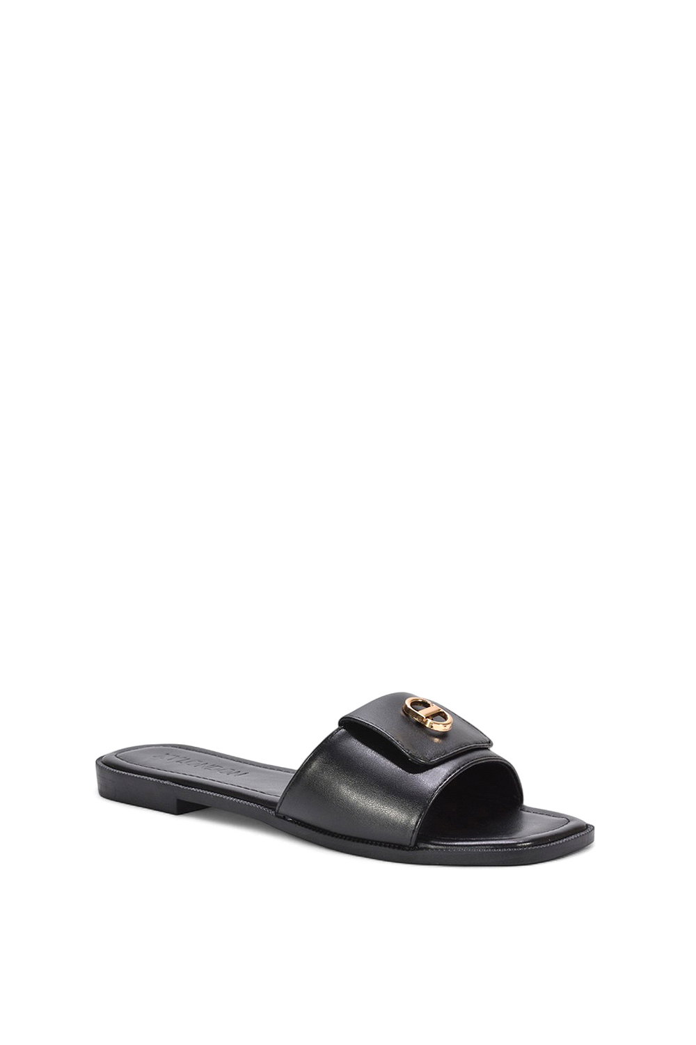 Black XY LONDON Black 'Leigh' Open Toe Foldover Buckle Slip On Flat Slider Mules, Image 2 of 5