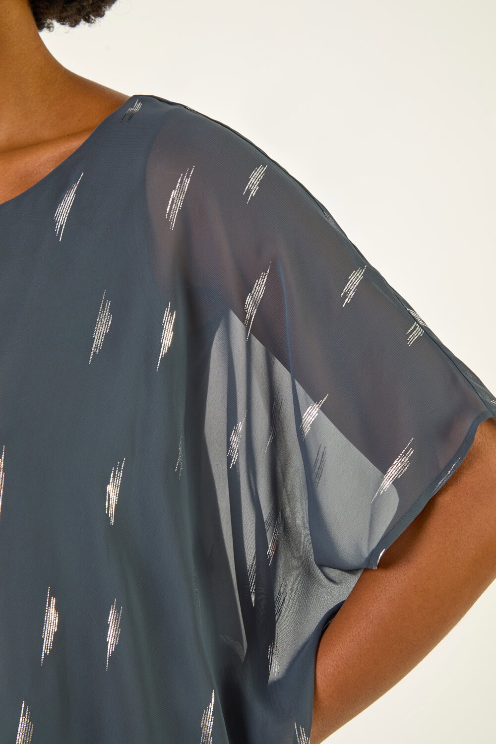Grey Foil Print Bubble Hem Top, Image 6 of 5