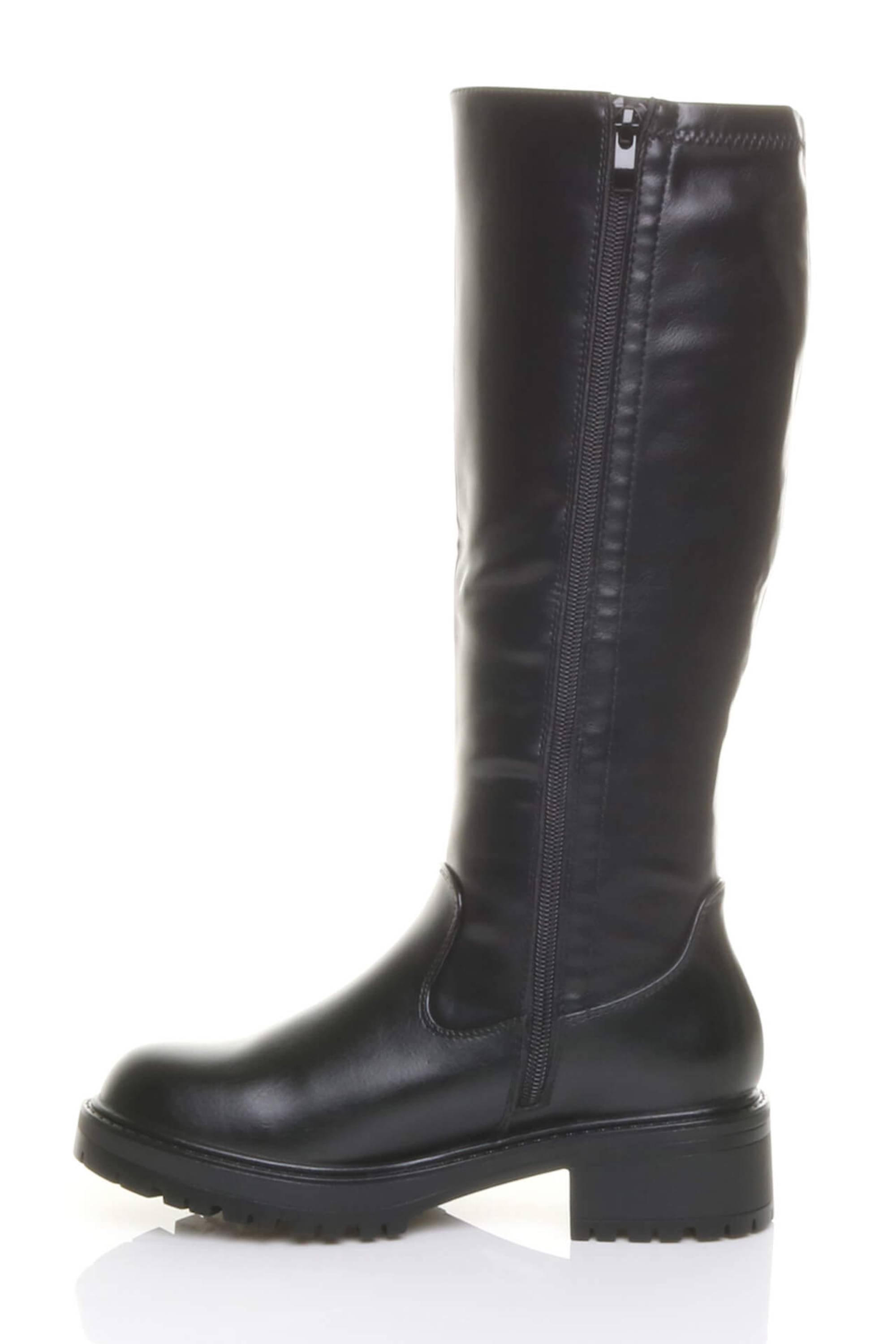 Black AJVANI Black Chunky Sole Zip Stretchy Elastic Riding Calf Boots, Image 3 of 4