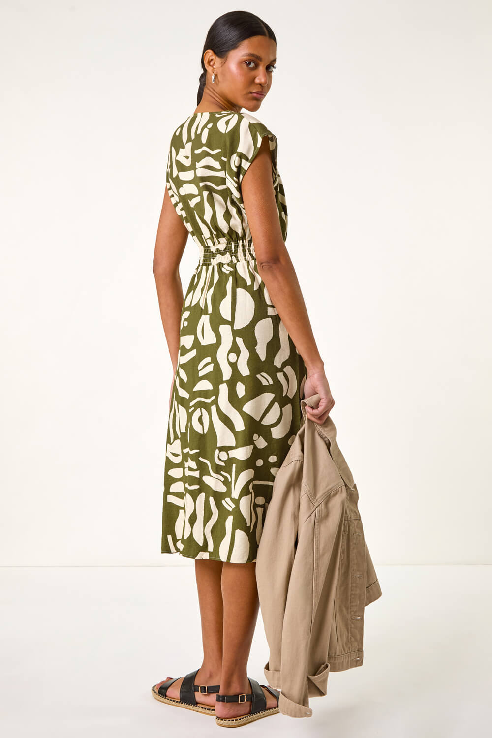 KHAKI Geometric Buttoned Midi Dress, Image 4 of 5